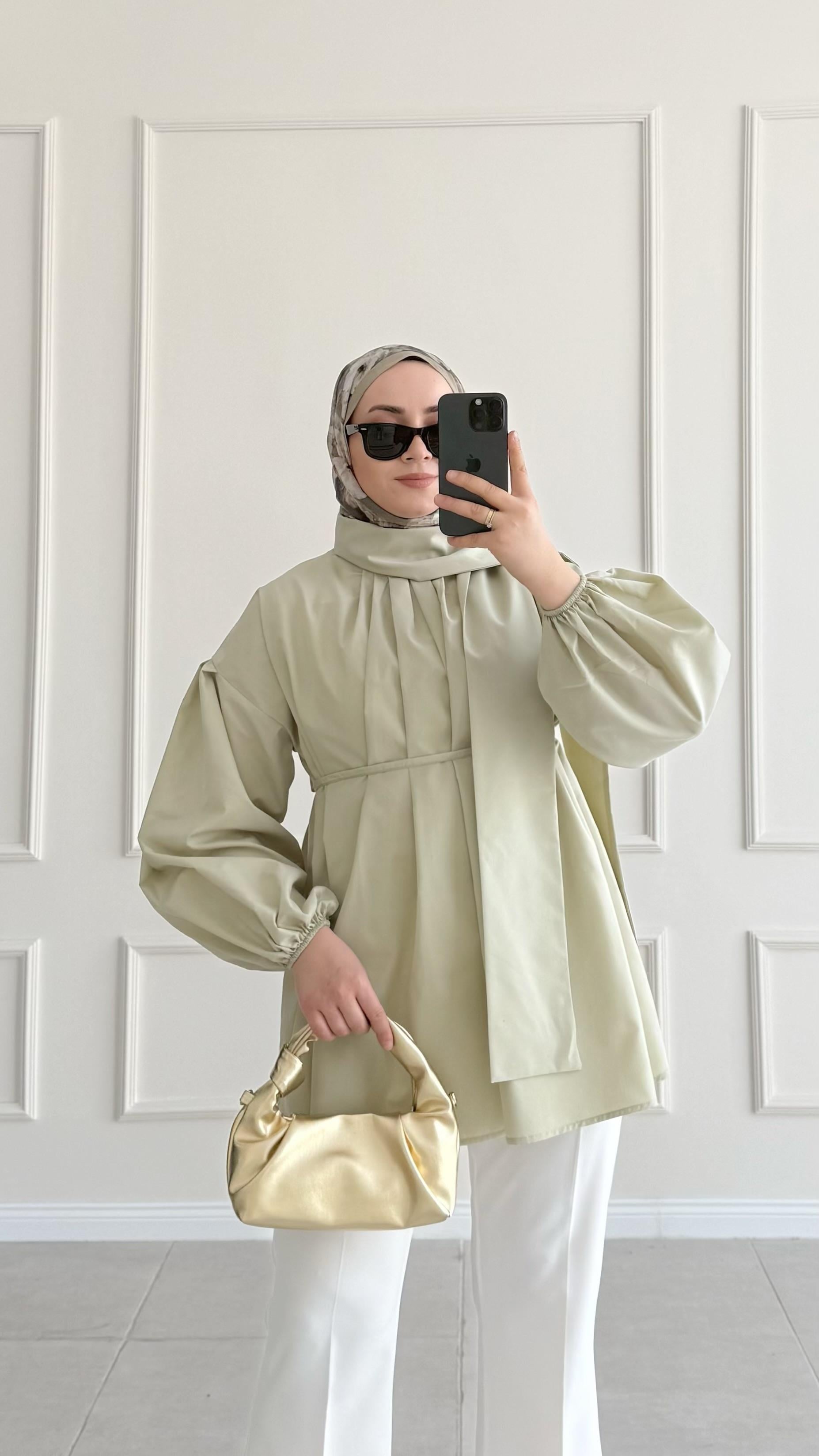 Elara Şallı Pileli Yeşil Gömlek