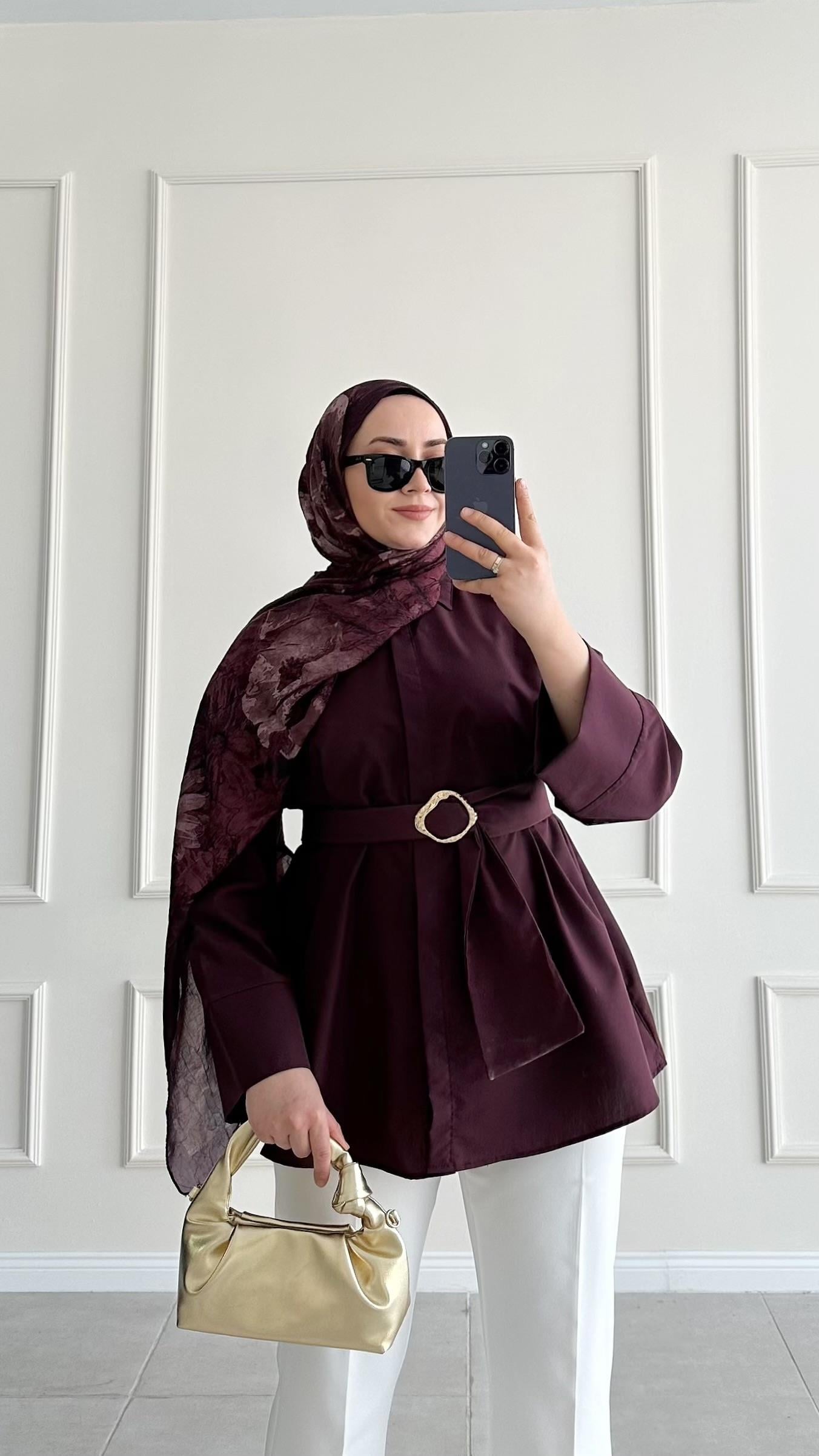 Elenor Gold Kemerli Bordo Gömlek