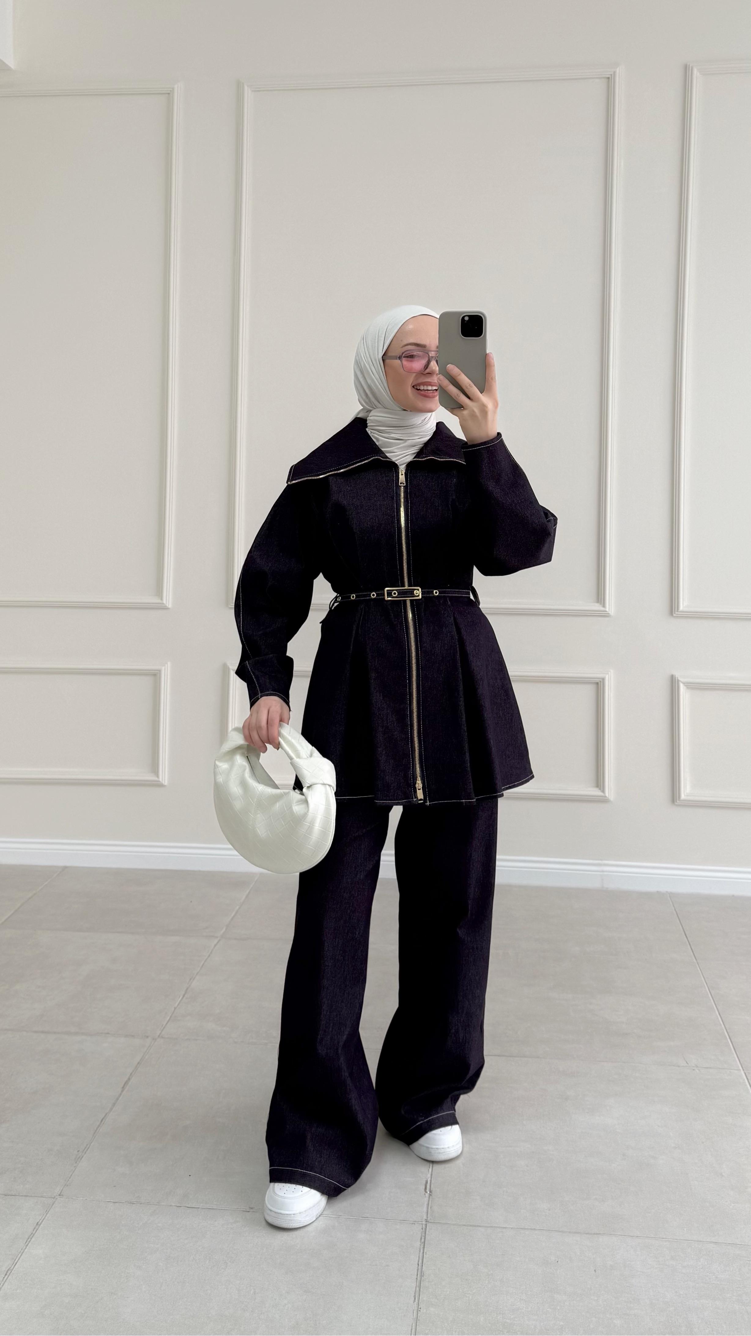 Elisabet Mor Çift Fermuarlı Denim Pantolon Takım