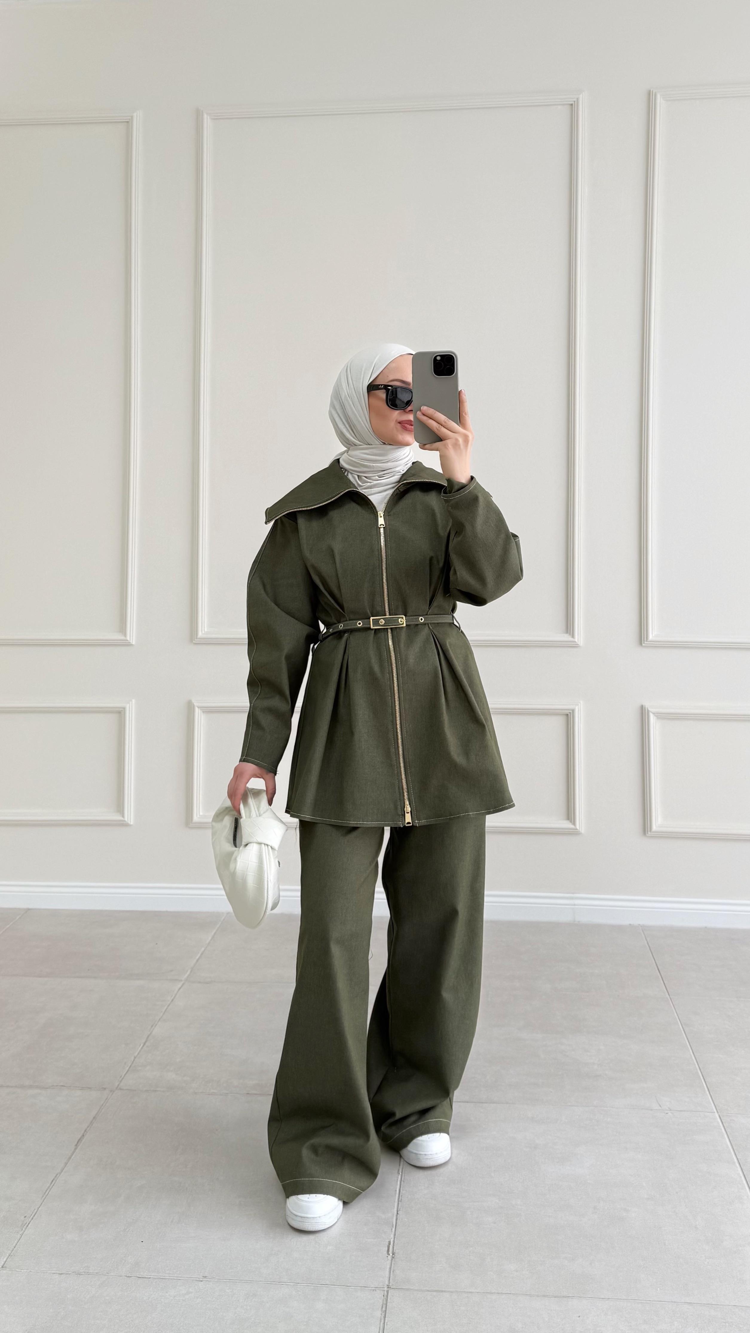 Elisabet Yeşil Çift Fermuarlı Denim Pantolon Takım