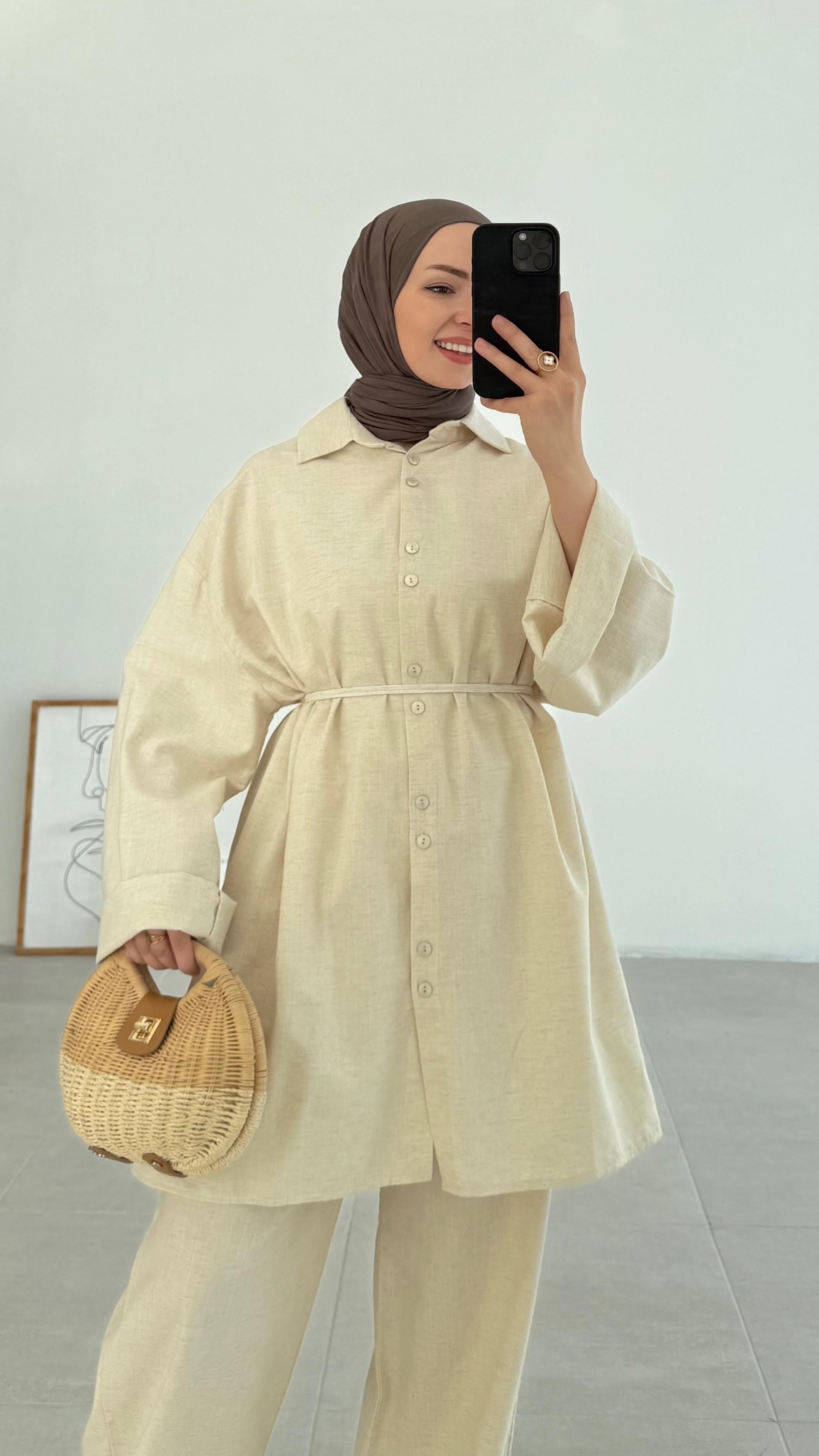 Eloise Düğmeli Keten Krem Takım