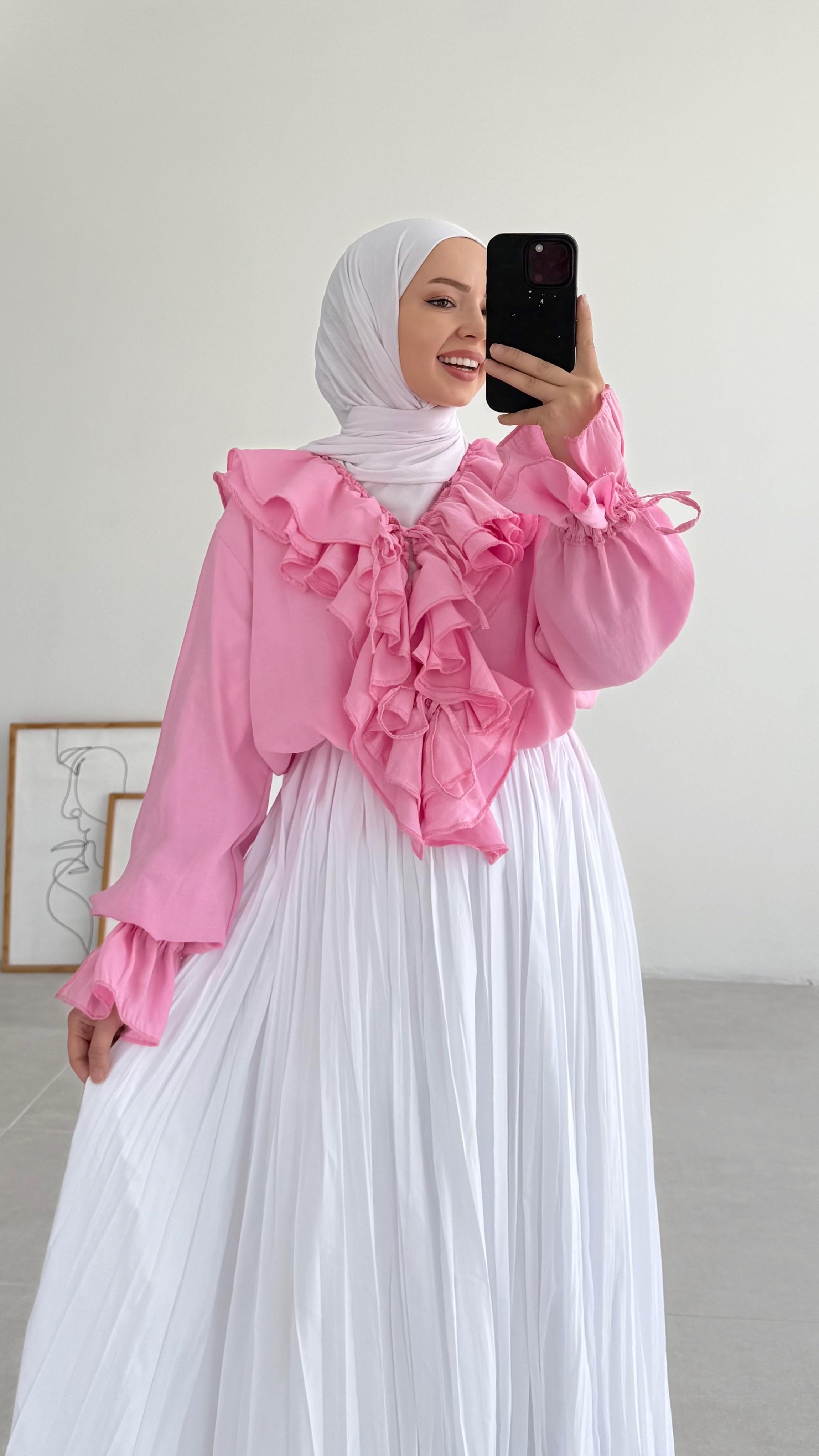 Emile Premıum Fırfırlı Pembe Bluz