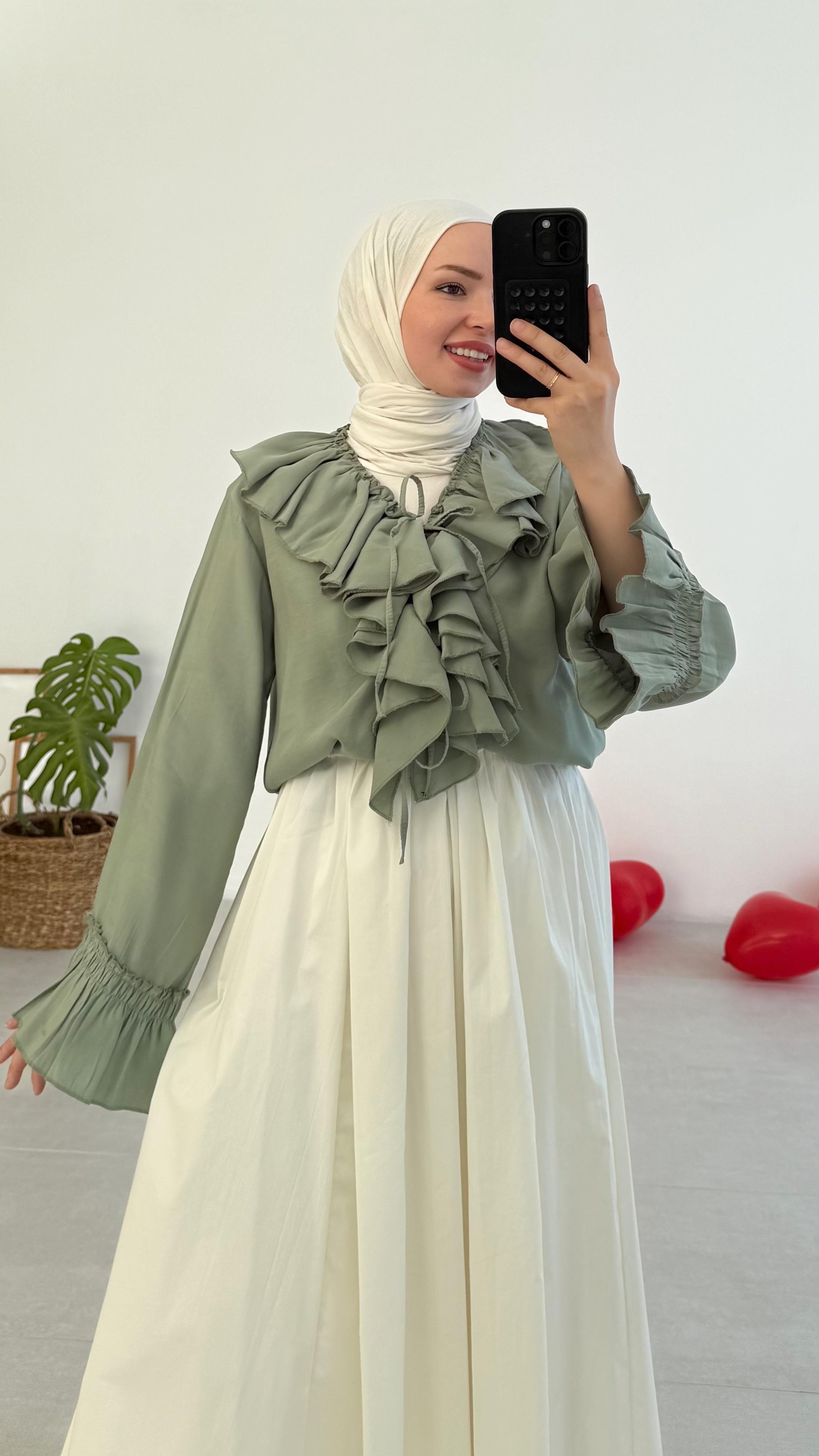 Emile Premıum Fırfırlı Yeşil Kimono