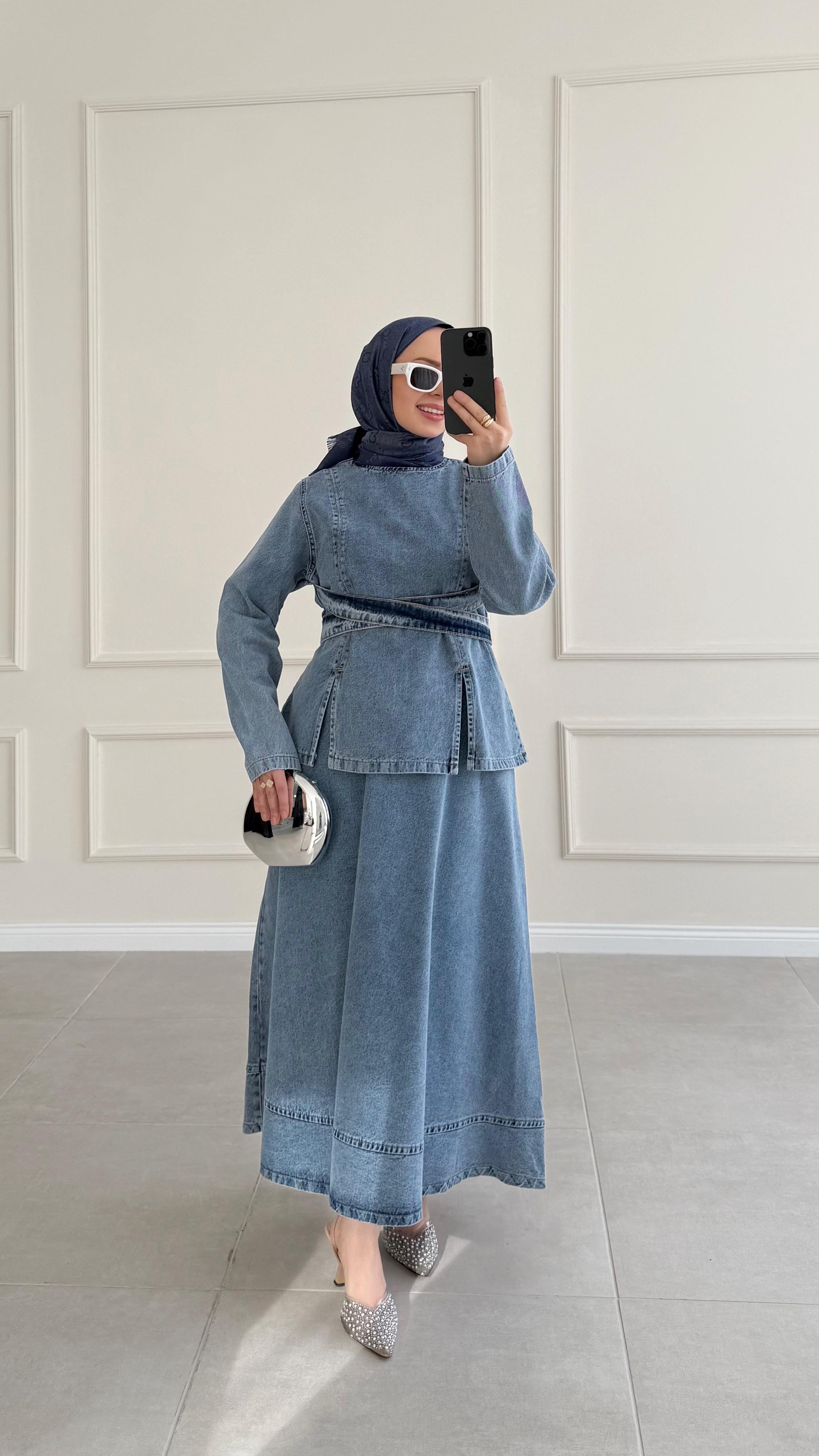 Ersa Belden Bağlama Denim Mavi Takım