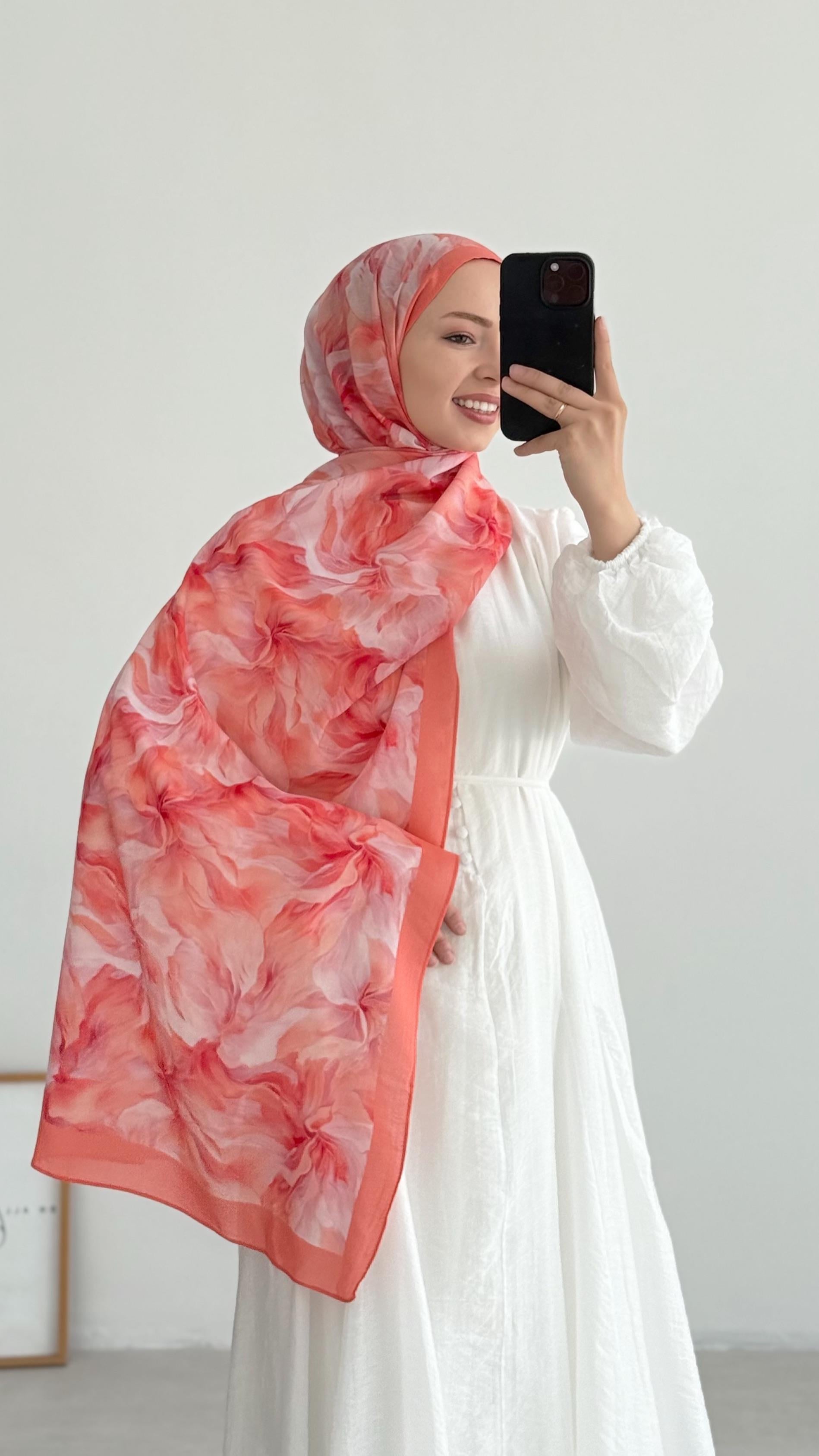 Ersel %100 İpek Soft Turuncu Desenli Şal