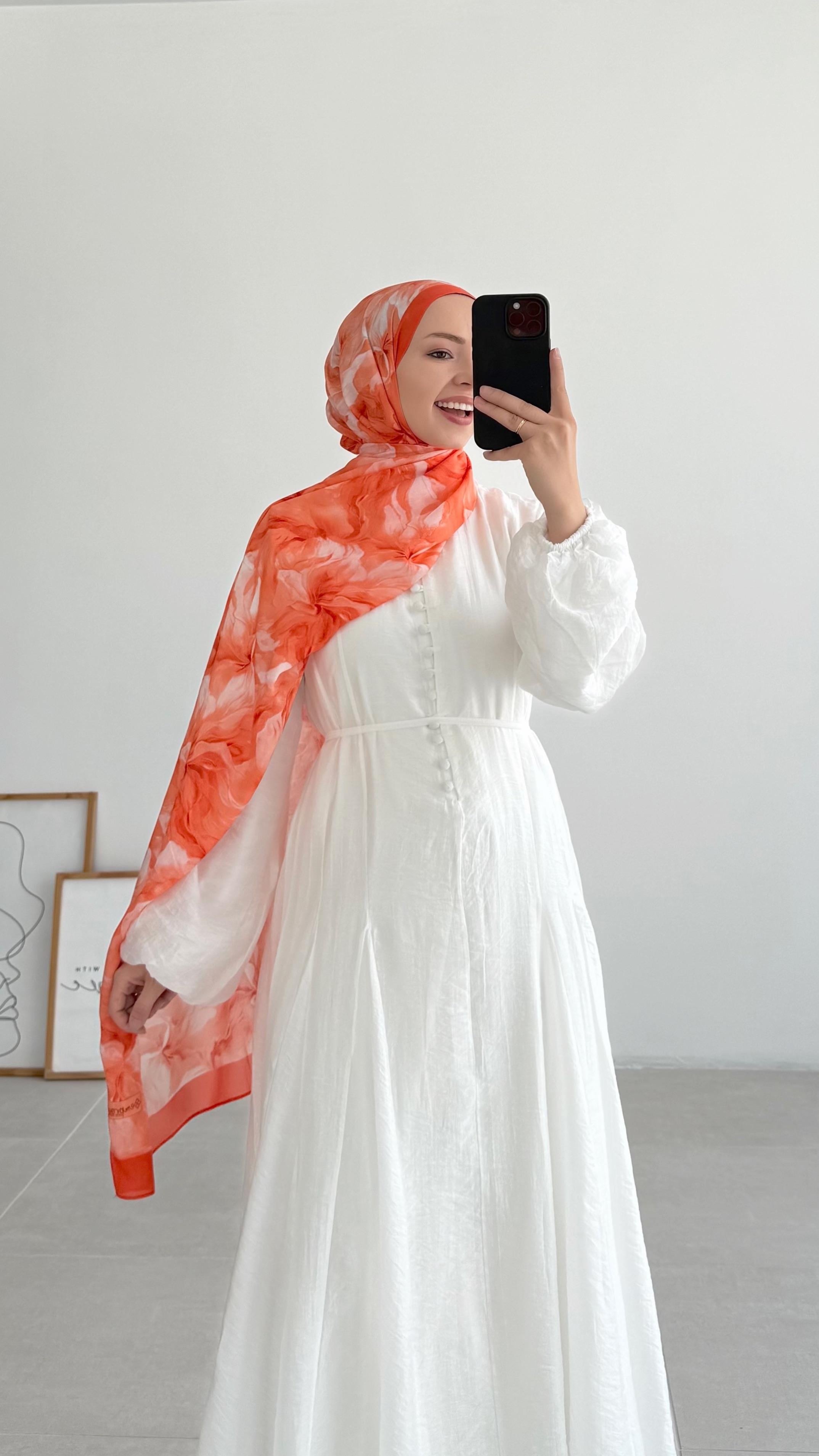 Ersel %100 İpek Turuncu Desenli Şal