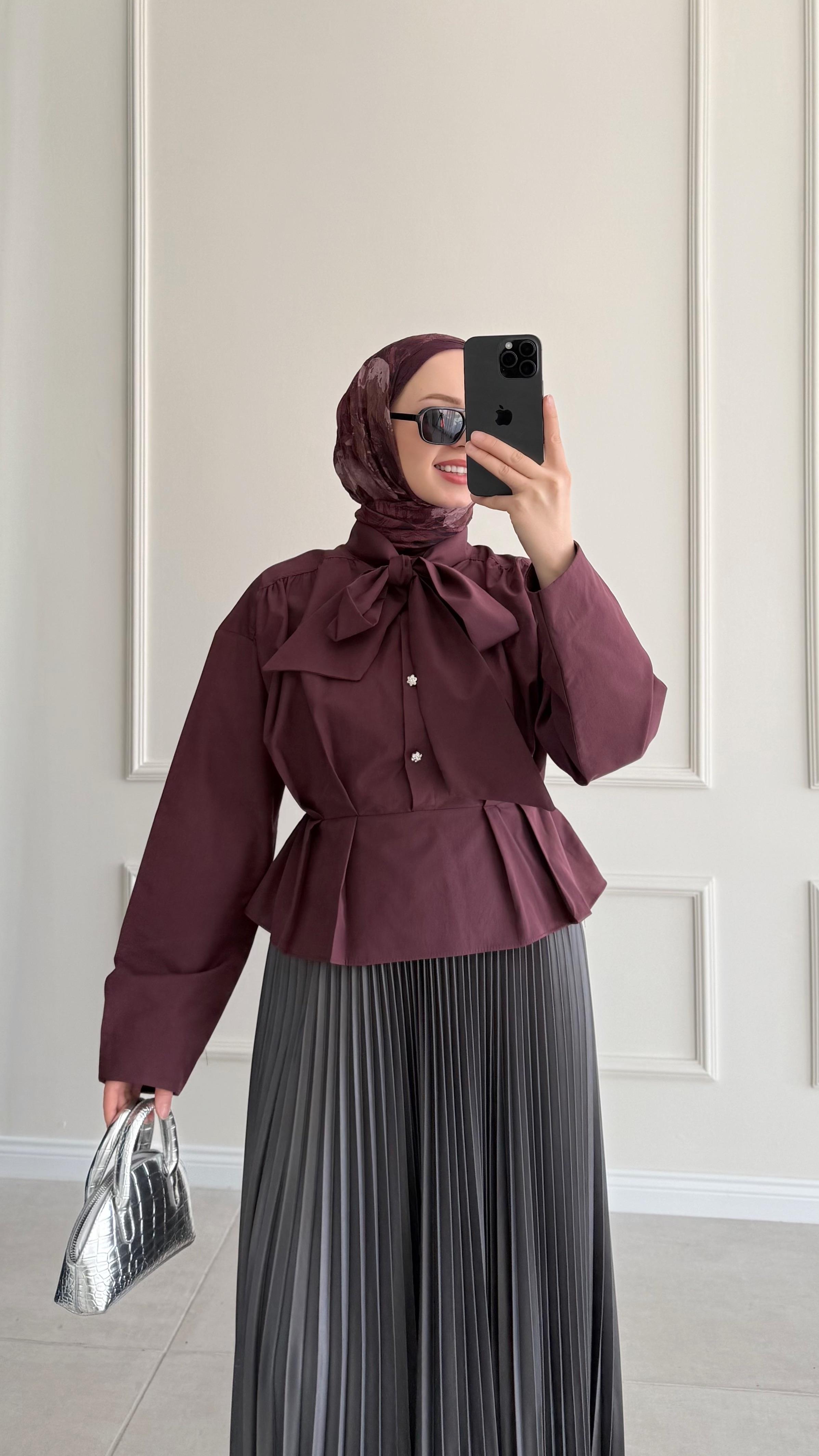 Fashi Bağlamalı Kısa Bordo Gömlek