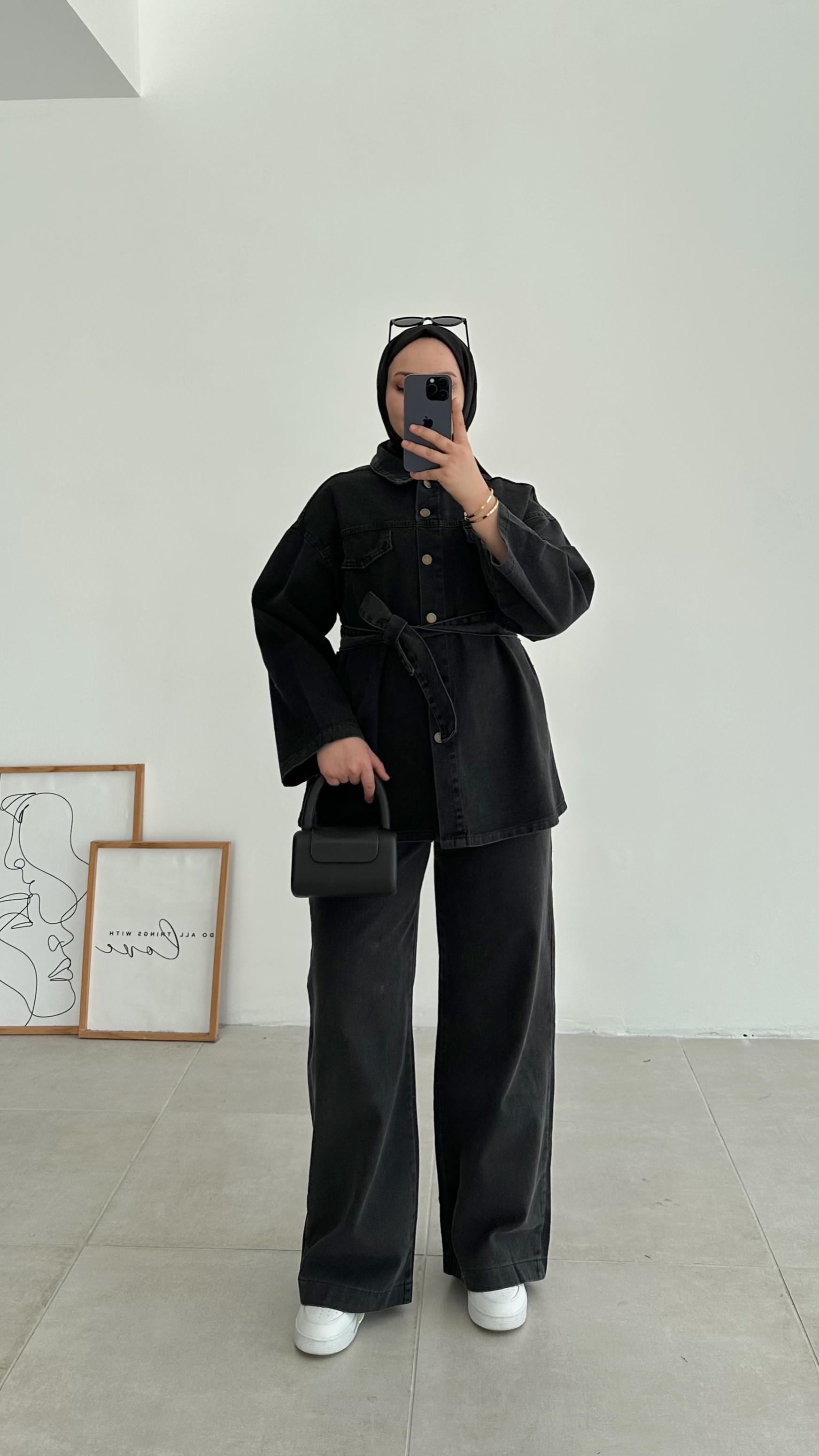 Flow Palazzo Antrasit Denim Ceket Takım