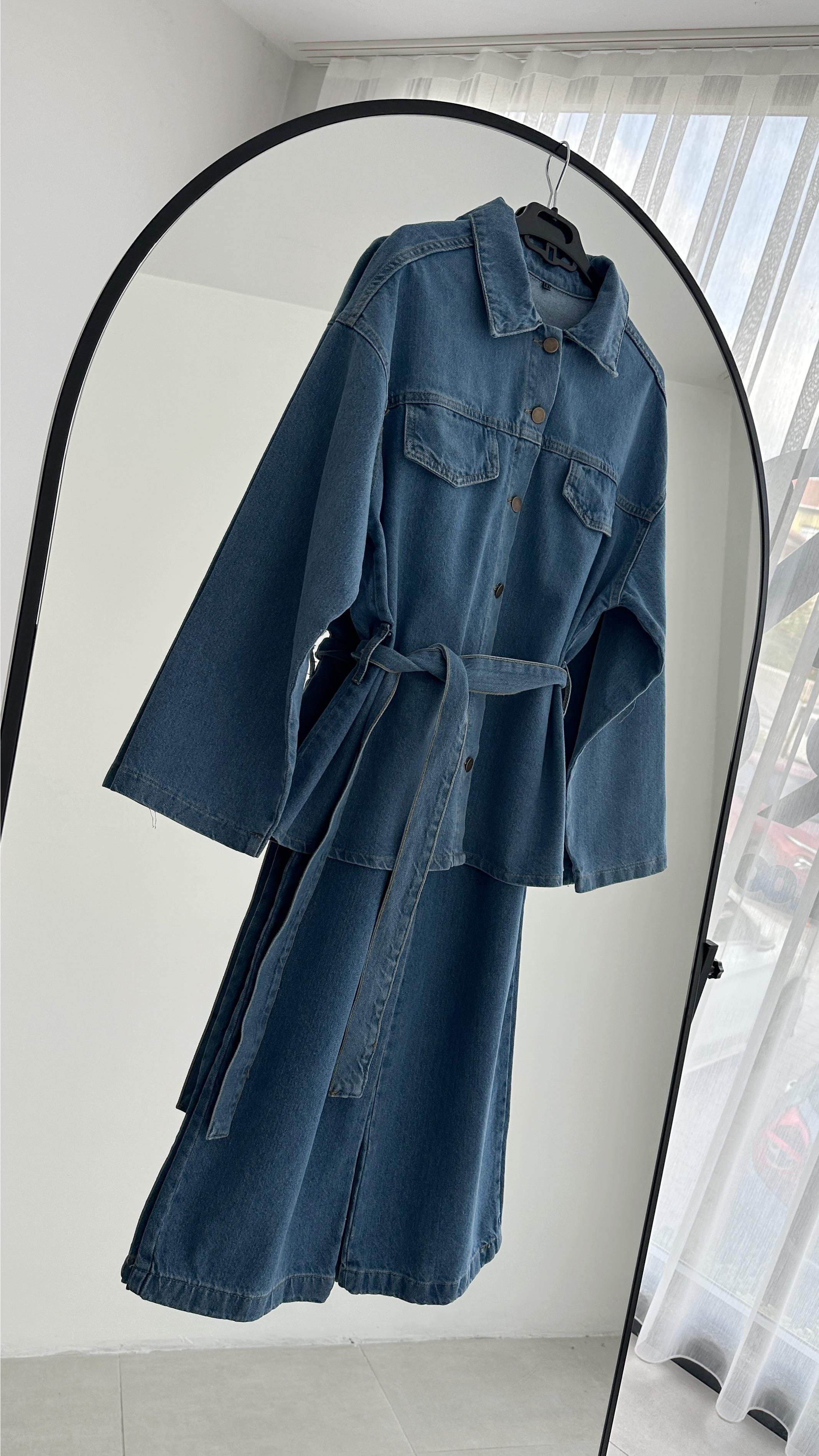 Flow Palazzo Buz Mavi Denim Ceket Takım