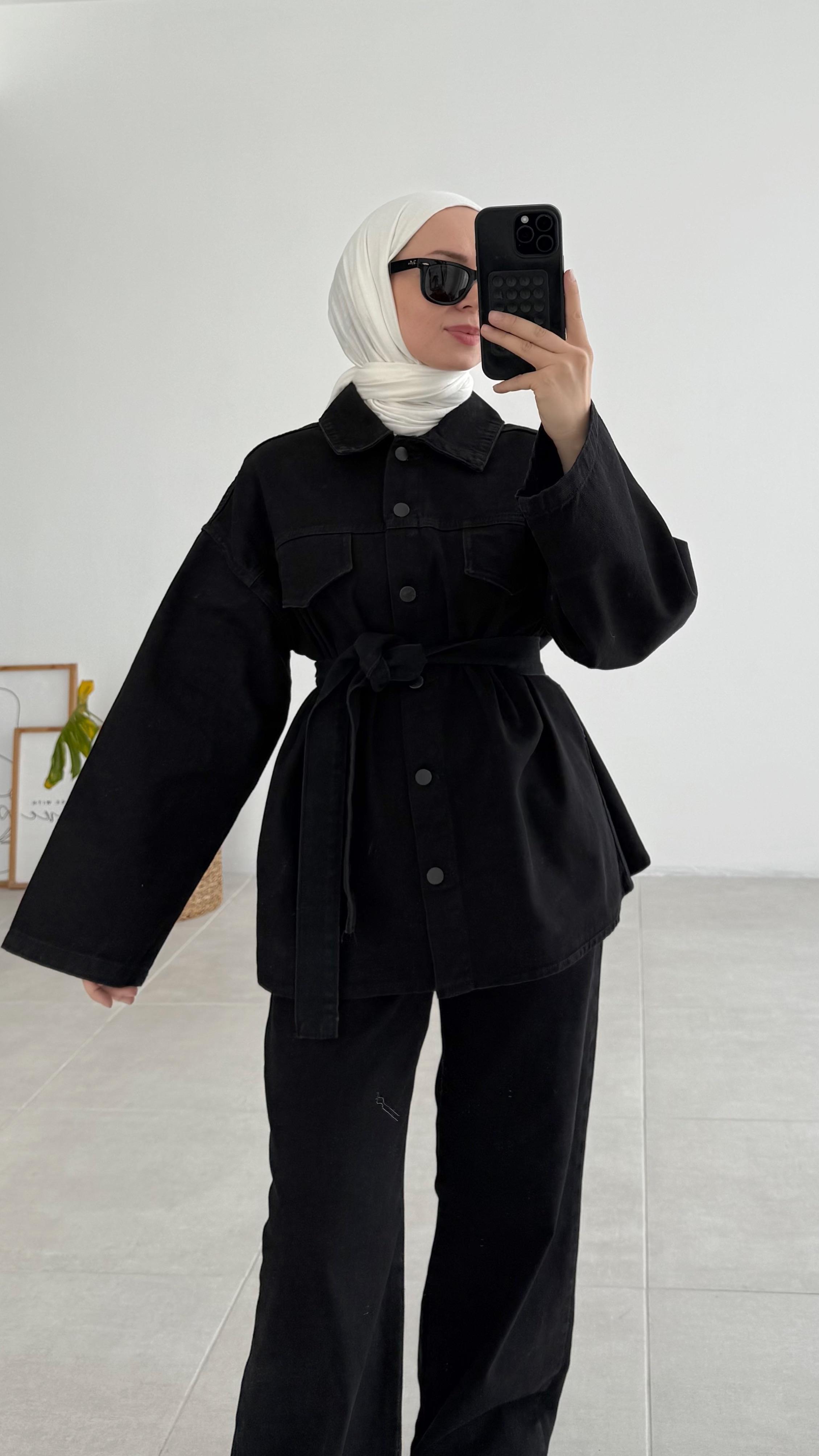 Flow Palazzo Siyah Denim Ceket Takım