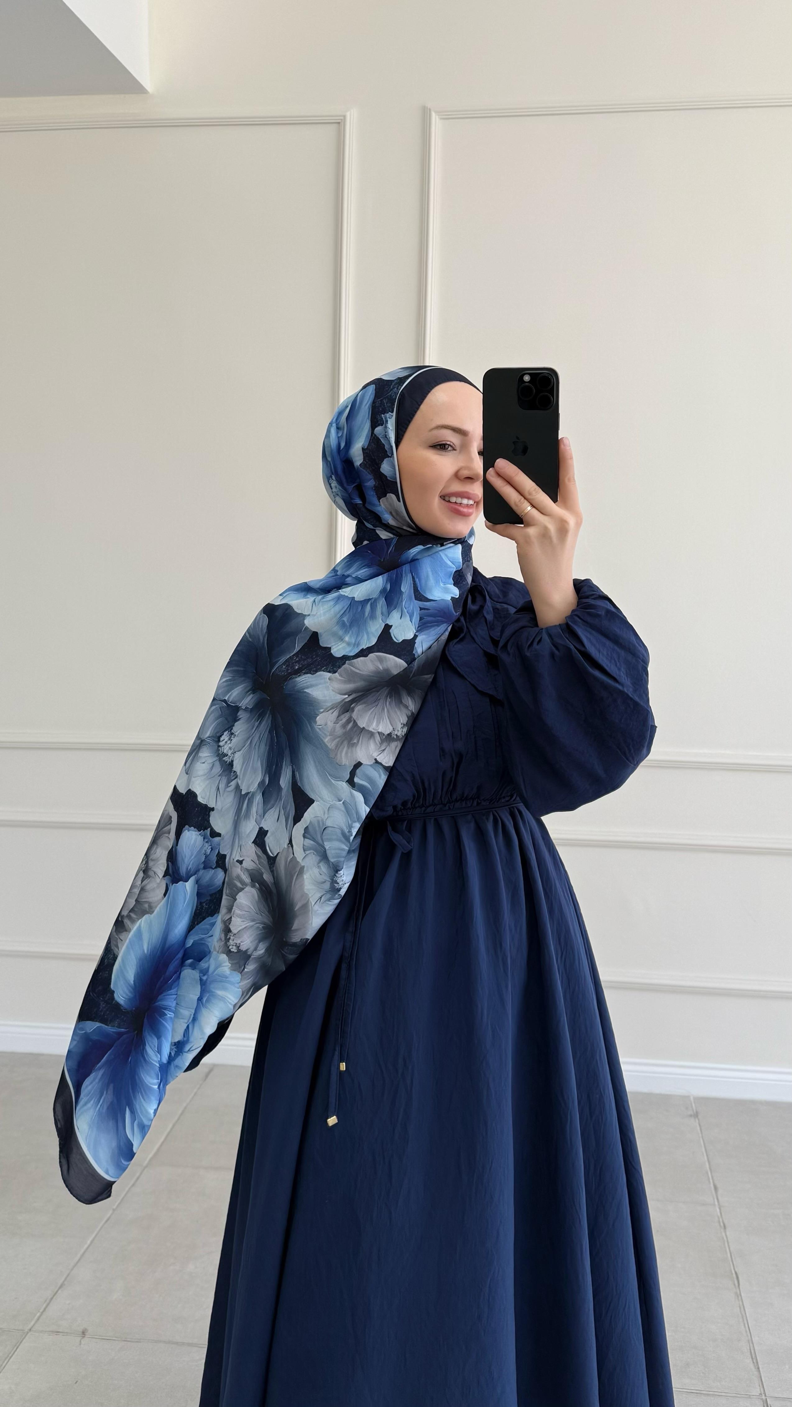 Flower Mavi Desenli Şal