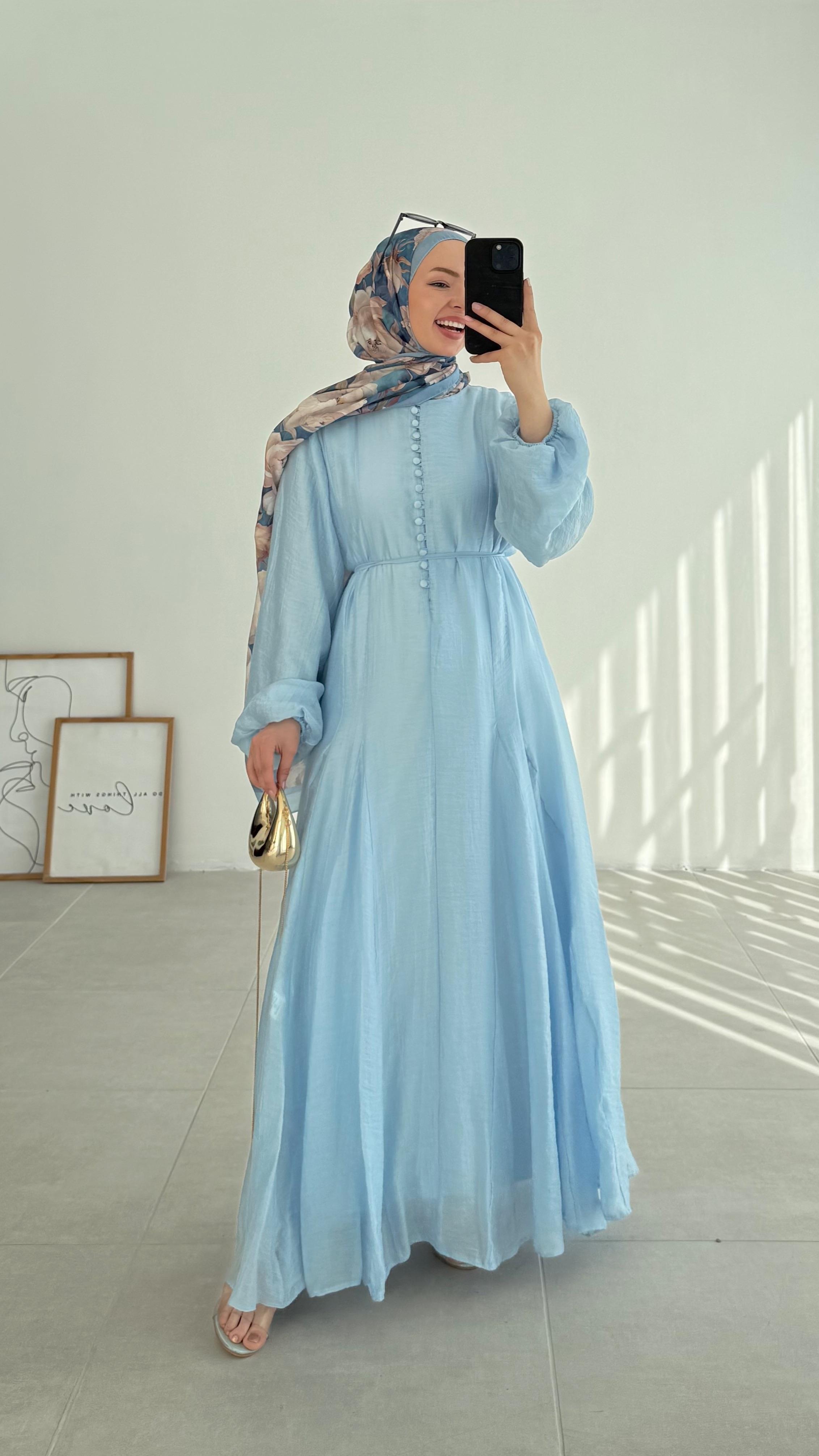 Fusha Brit Düğmeli Şifon Mavi Elbise