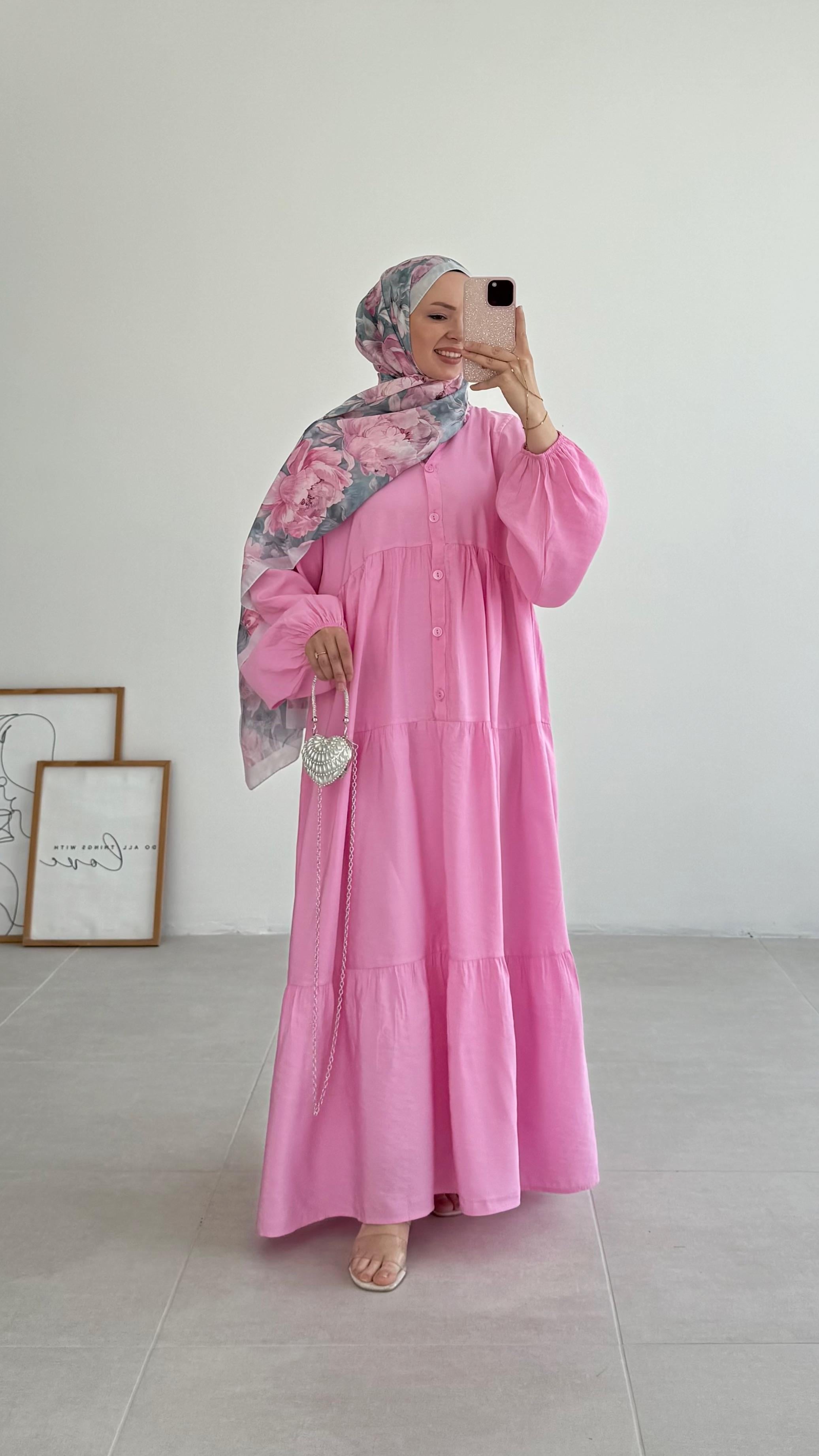 Gale Düğmeli Tensel Pembe Elbise