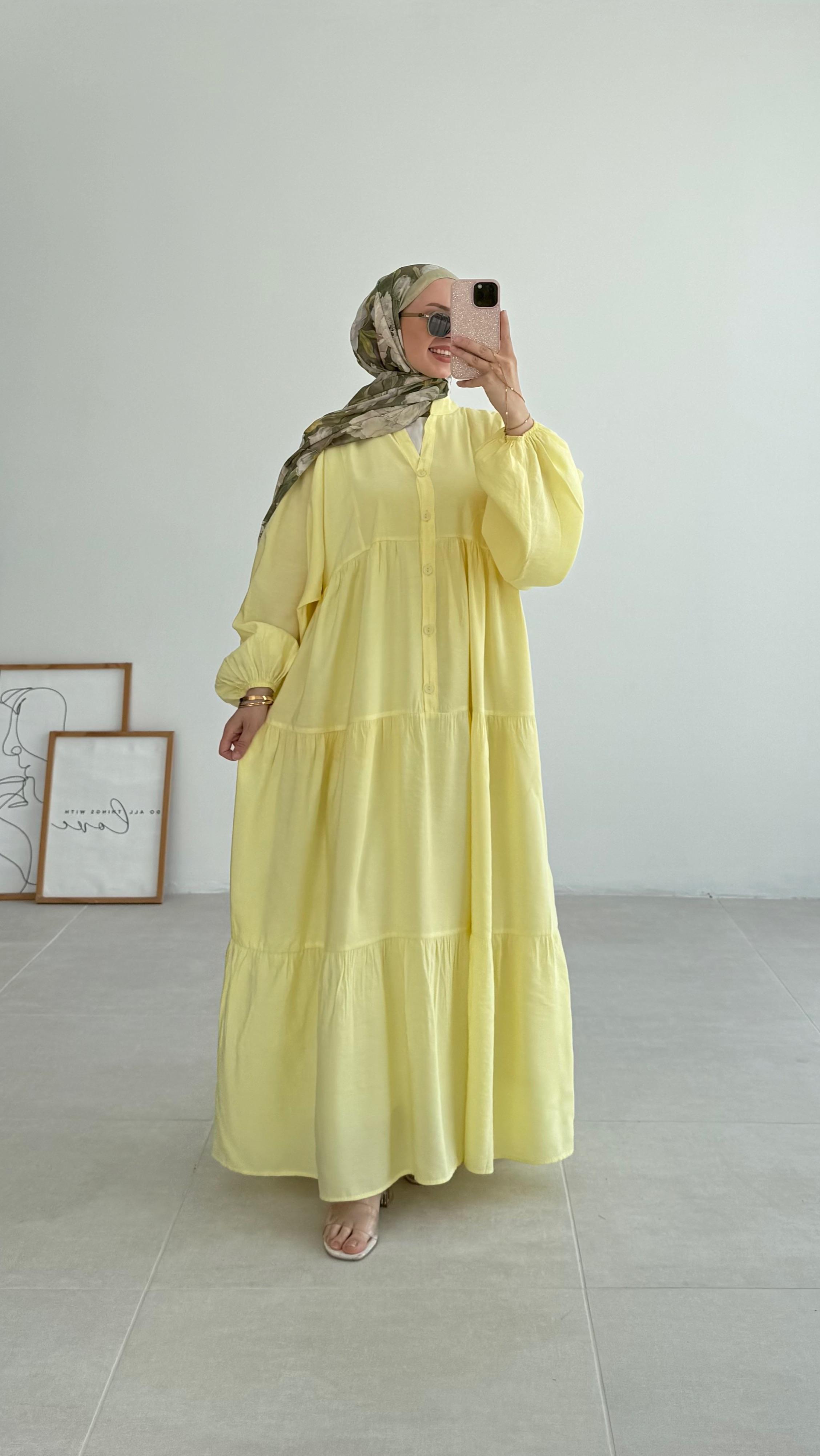 Gale Düğmeli Tensel Sarı Elbise