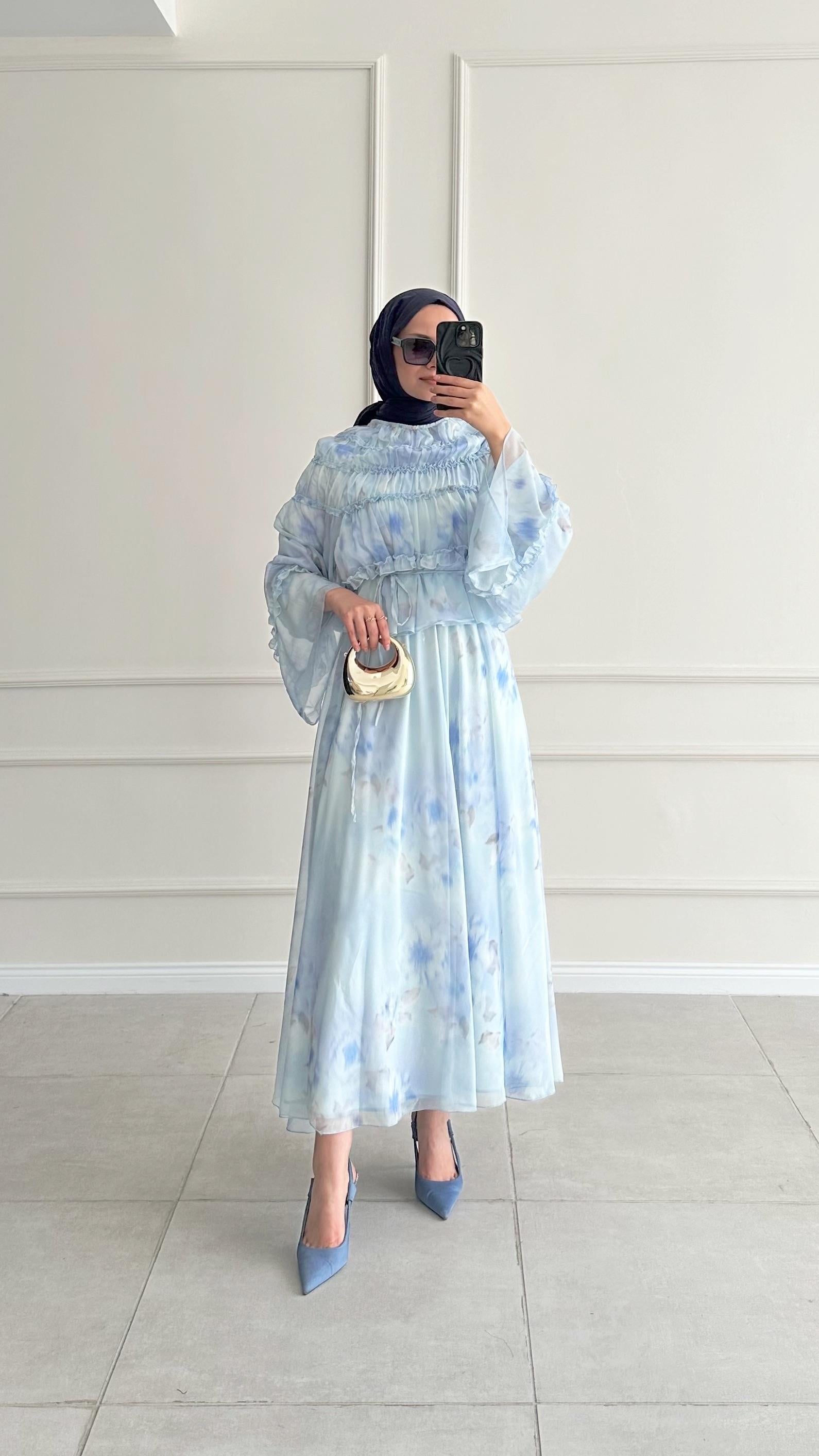 Gianna Gipeli Desenli Şifon Etekli Mavi Takım