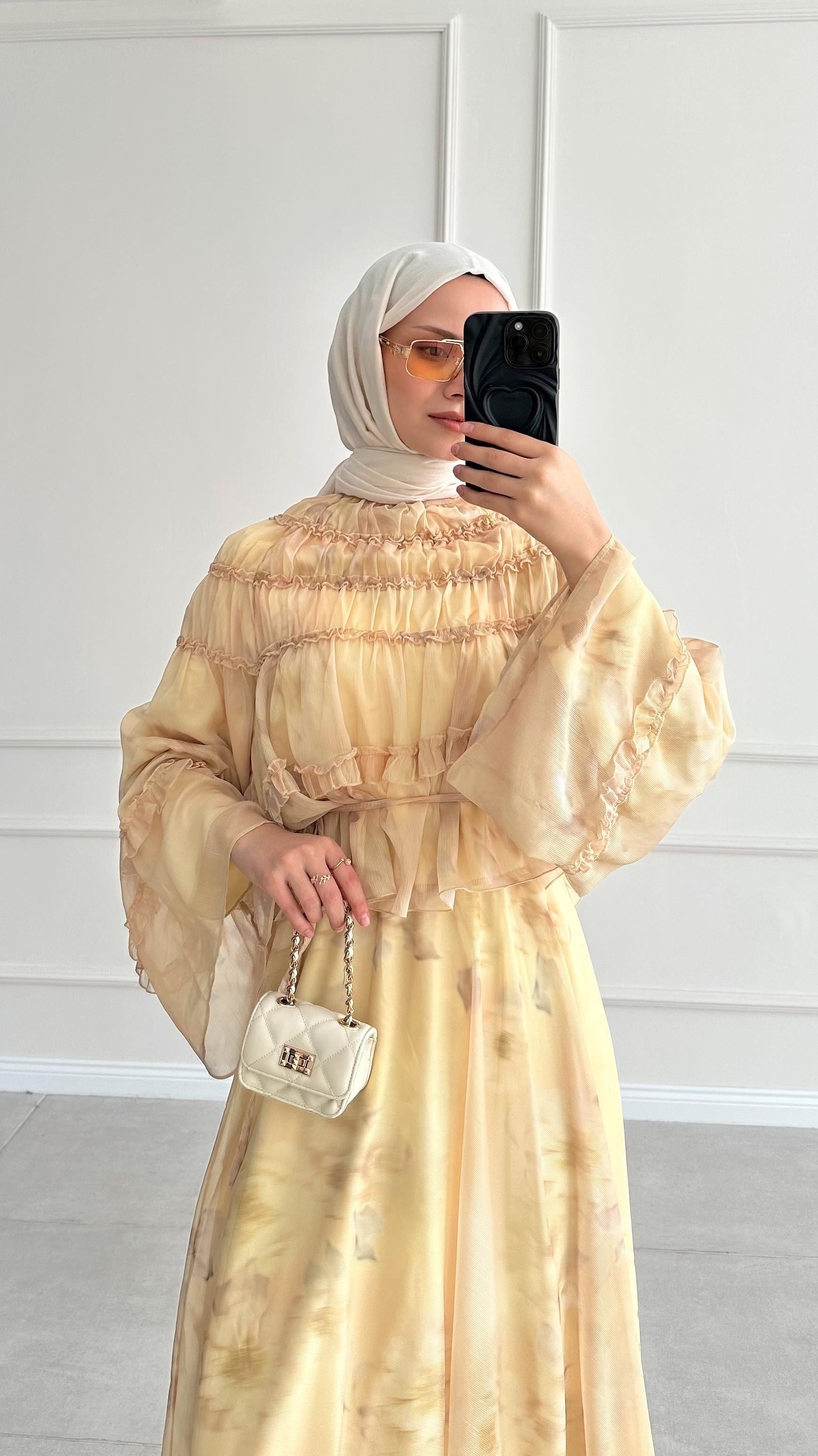 Gianna Gipeli Desenli Şifon Etekli Sarı Takım