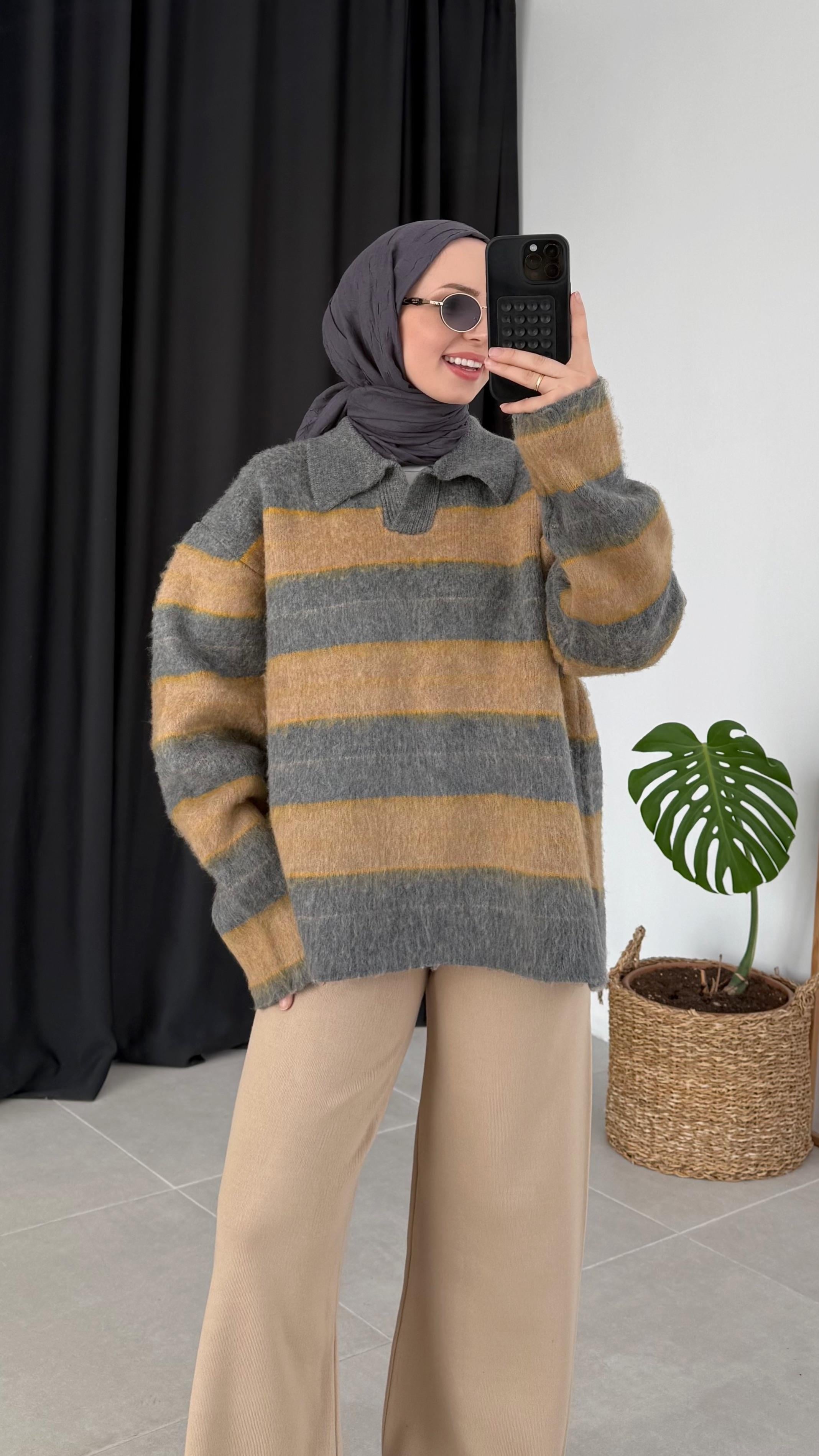 Gloria Gri Çizgili Triko Kazak 