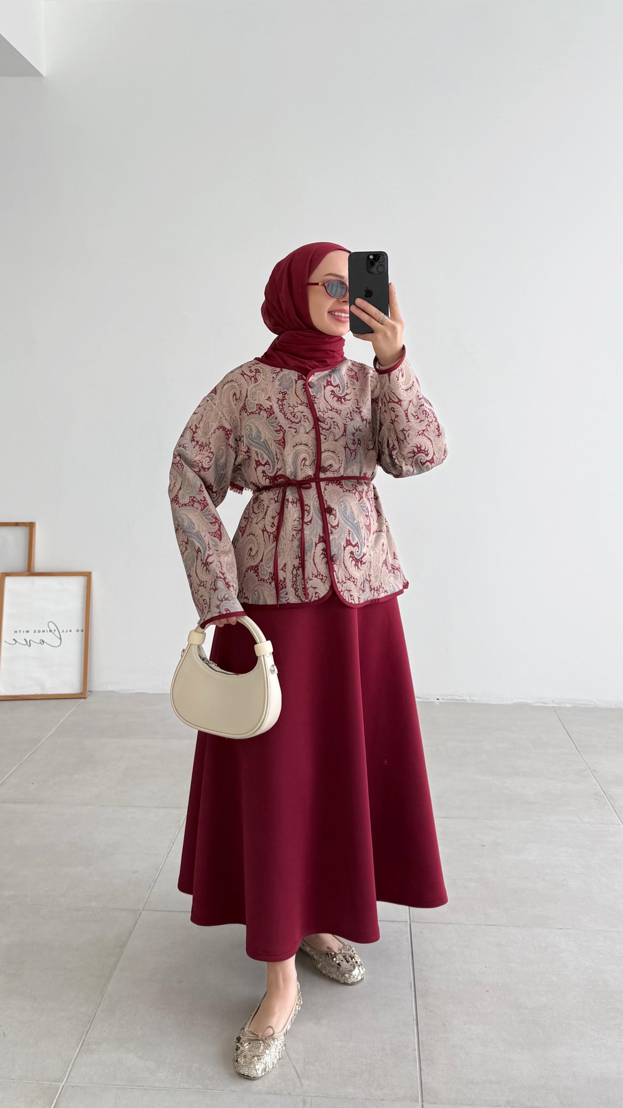 Güel Premıum Vizon Etnik Desen Scuba Etek Takım