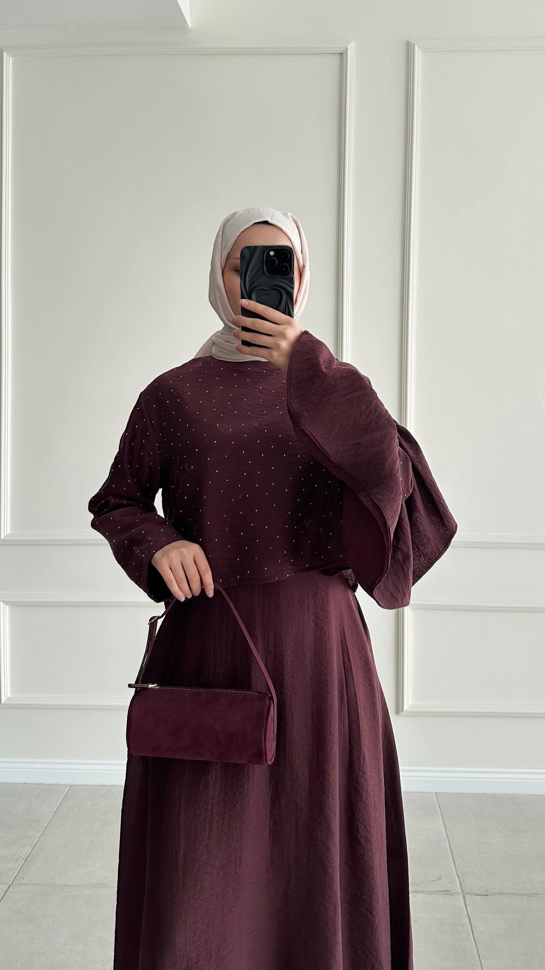Harmy Taş Baskılı Kol Tasarımlı Bordo Takım