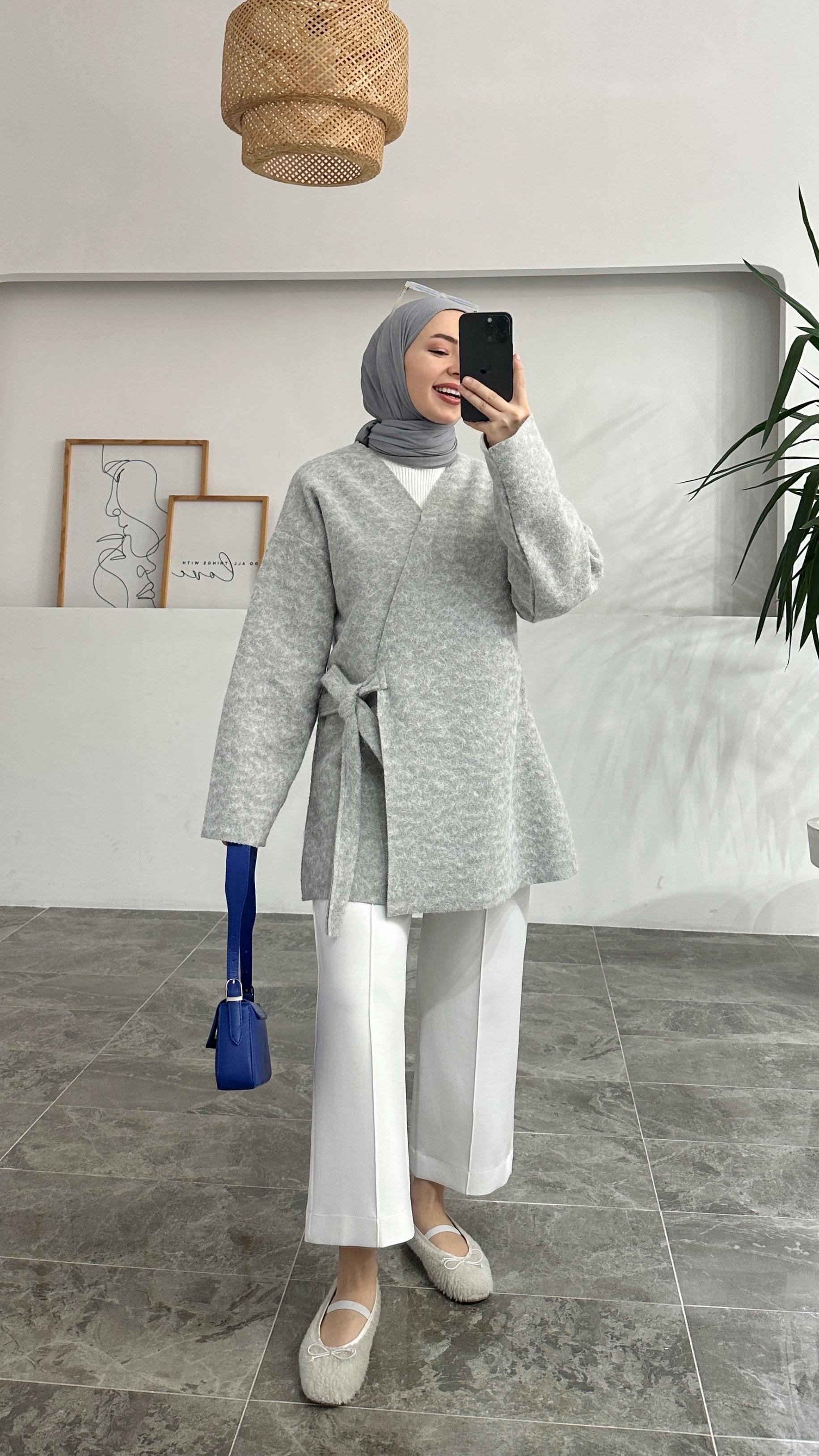 Hassel Yandan Bağlamalı Gri Kaşe Ceket