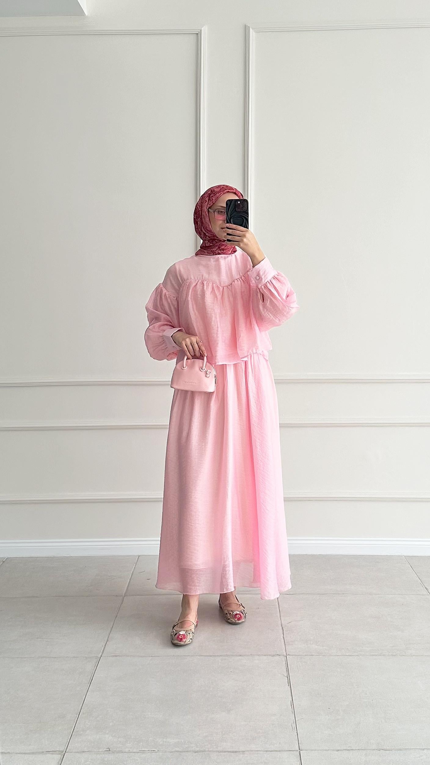 Helena Biye Detaylı Pembe Etekli Takım