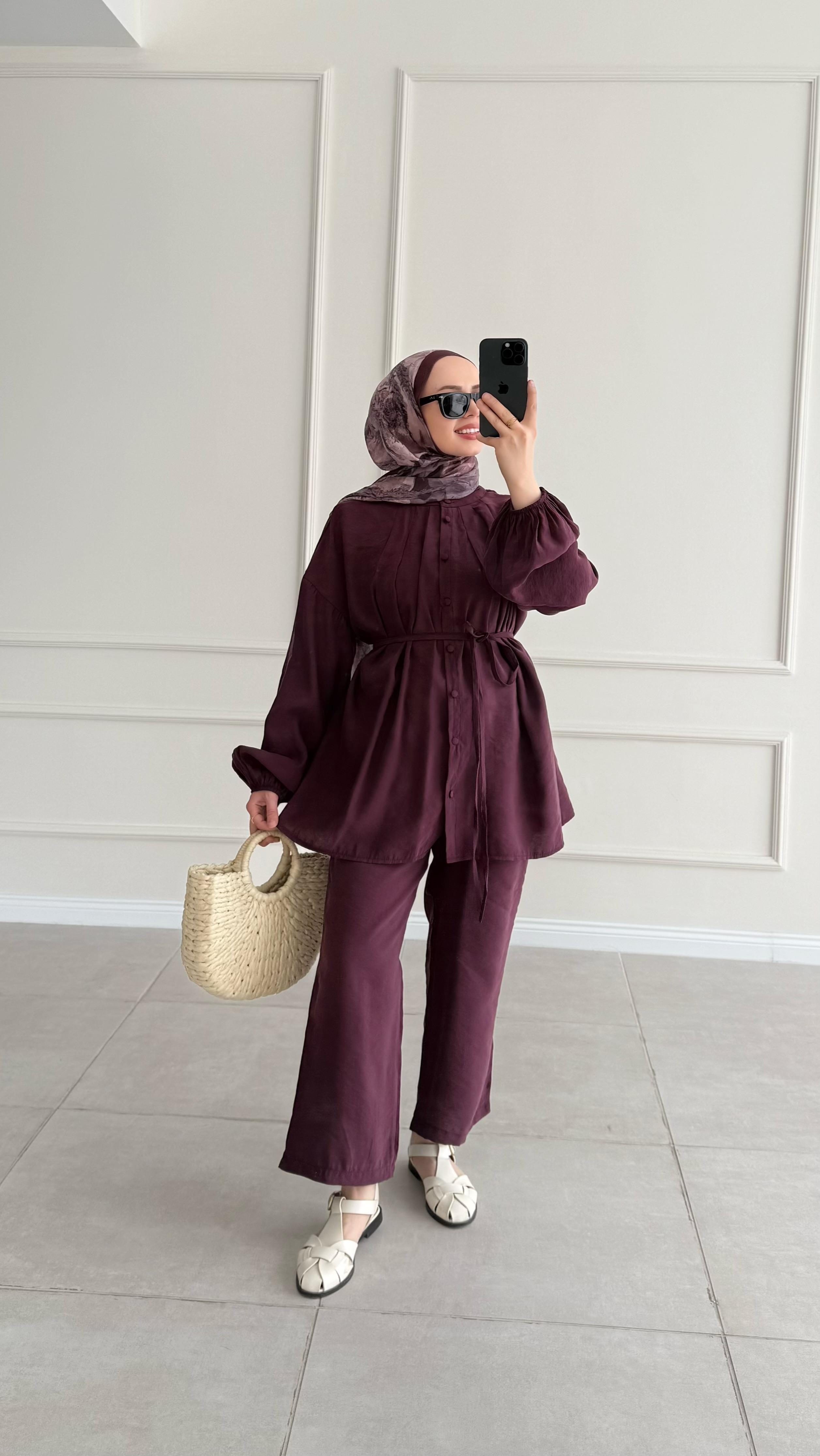 Hira Pile Detaylı Modal Bordo Takım