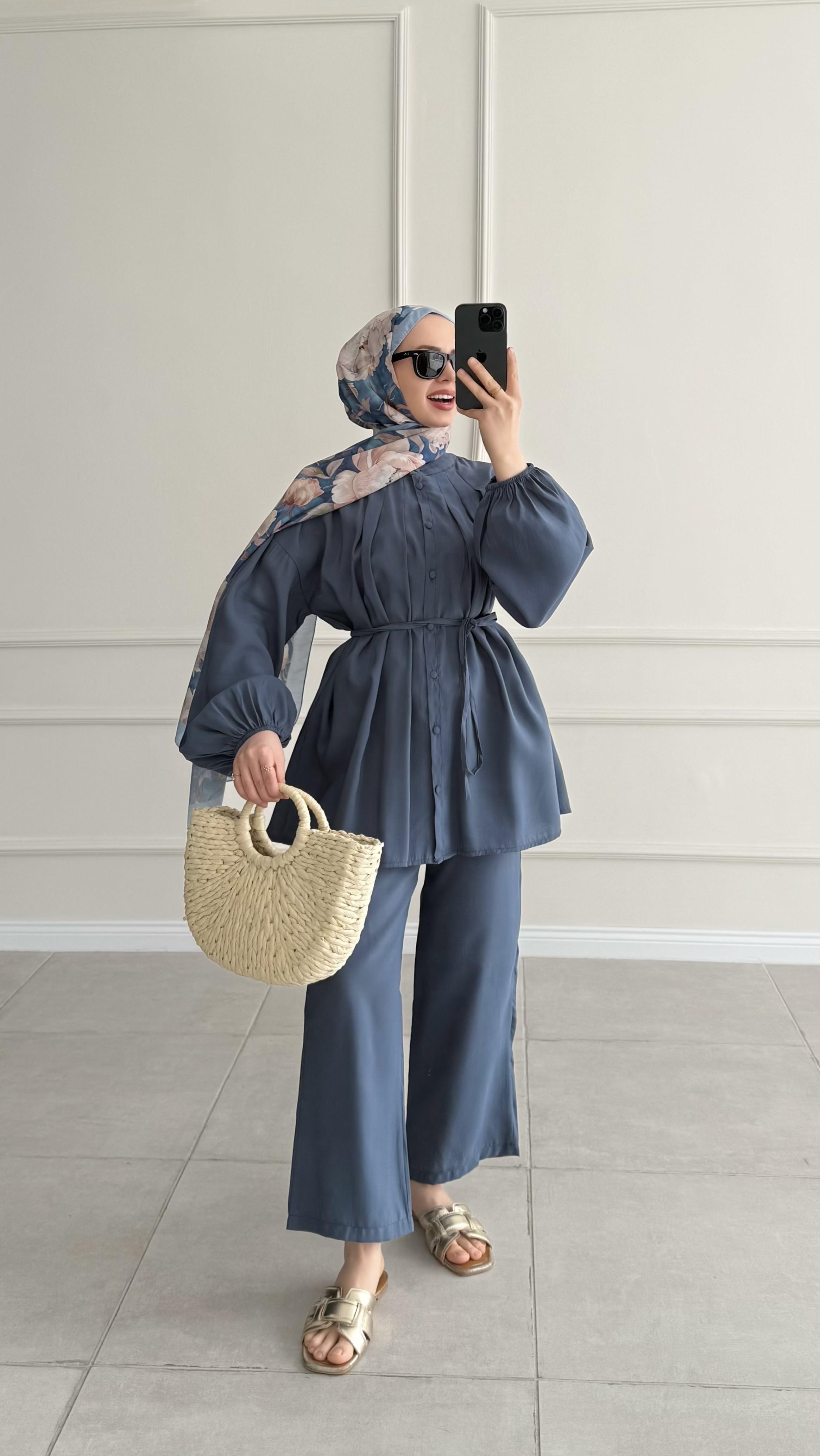 Hira Pile Detaylı Modal İndigo Takım