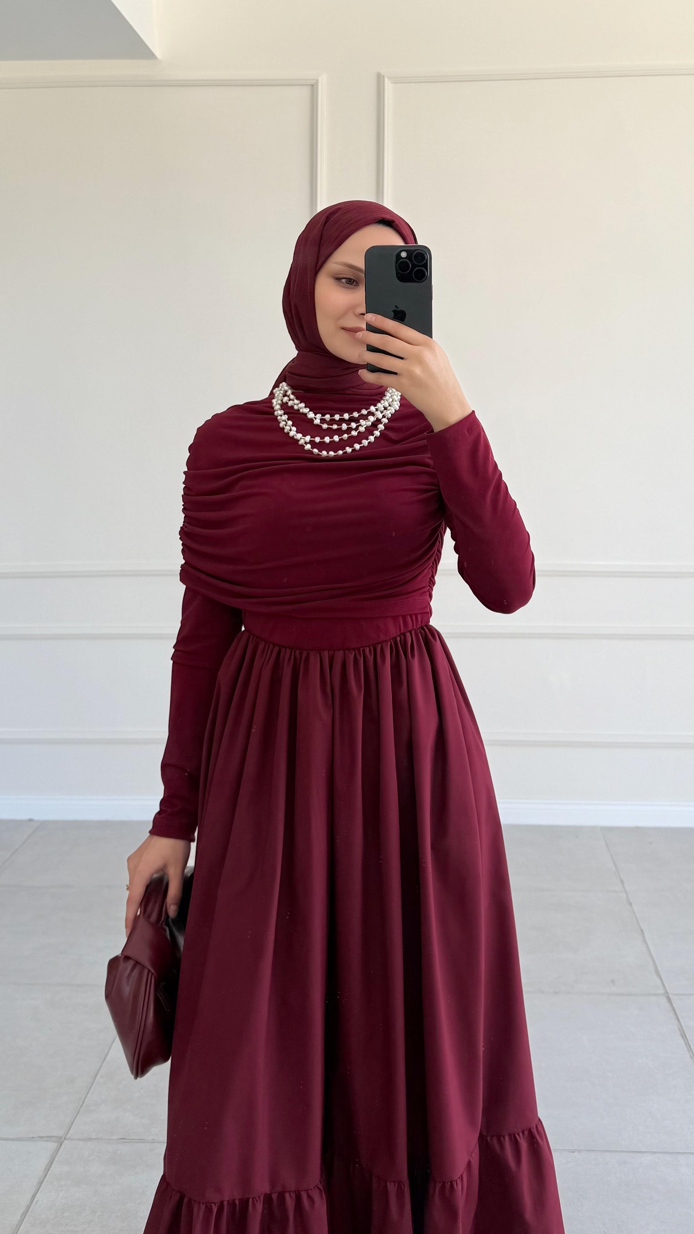 İkandinav Büzgülü Sandy Poplin Bordo Elbise 