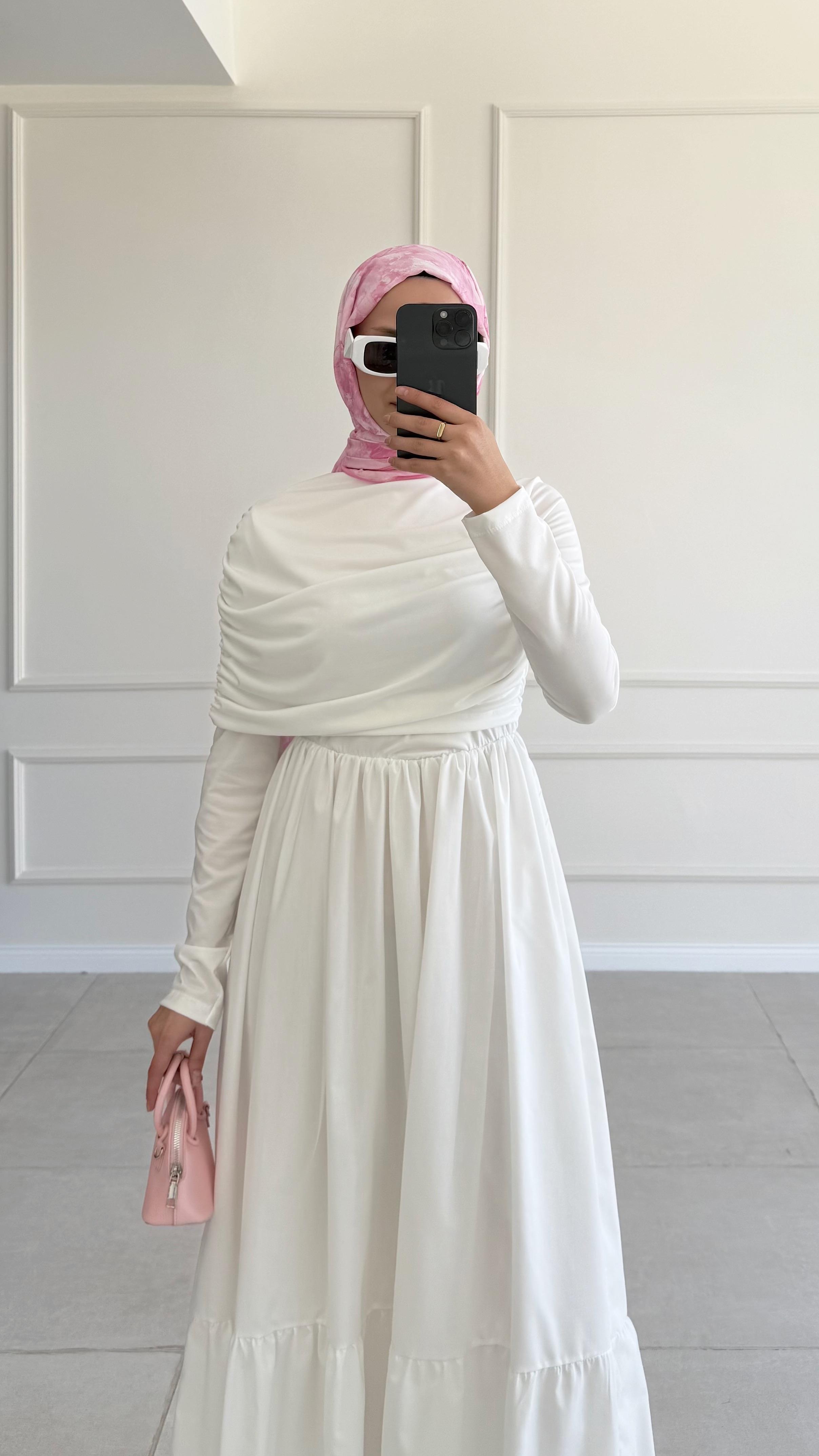 İkandinav Büzgülü Sandy Poplin Ekru Elbise 