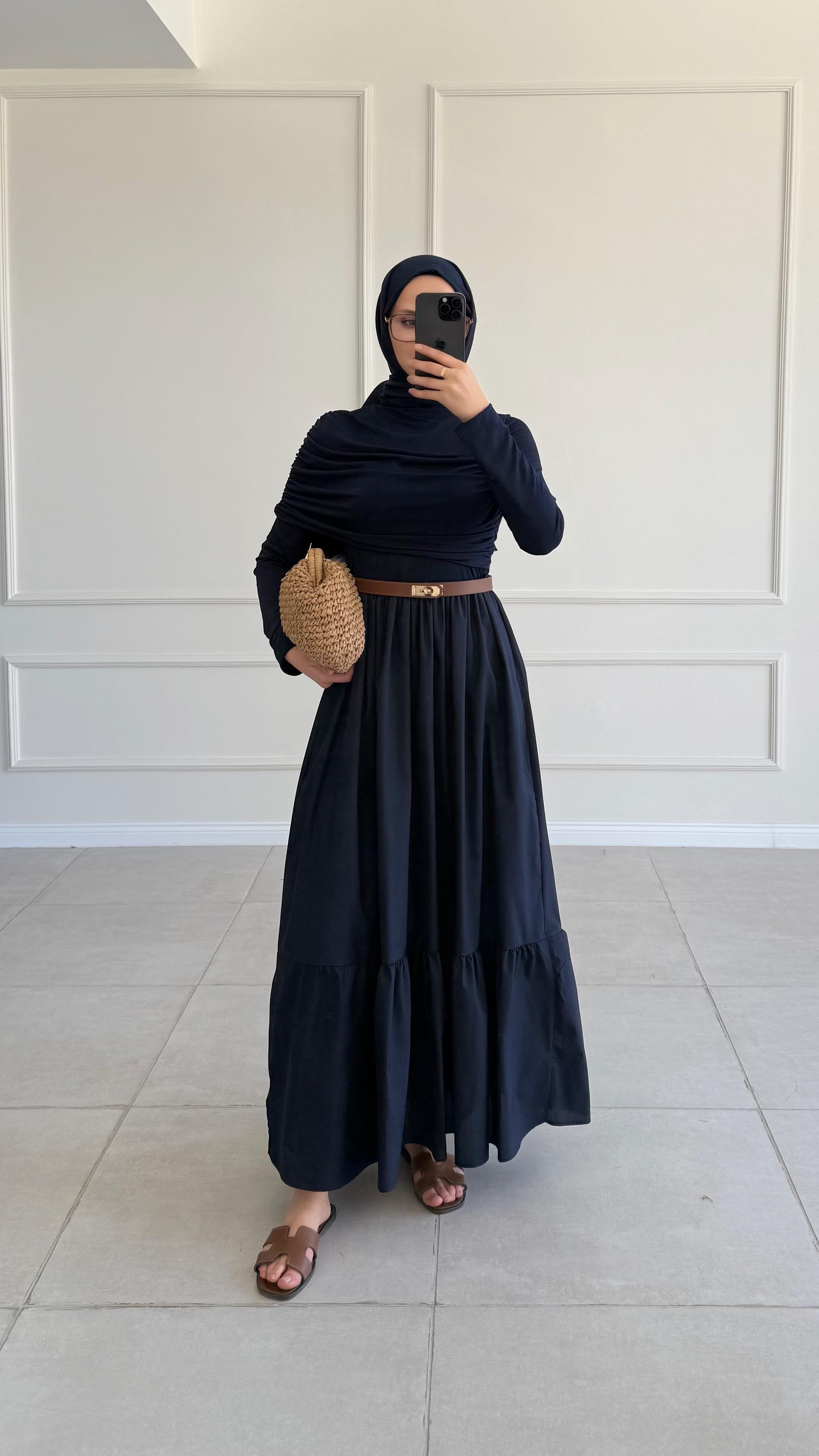 İkandinav Büzgülü Sandy Poplin Lacivert Elbise 