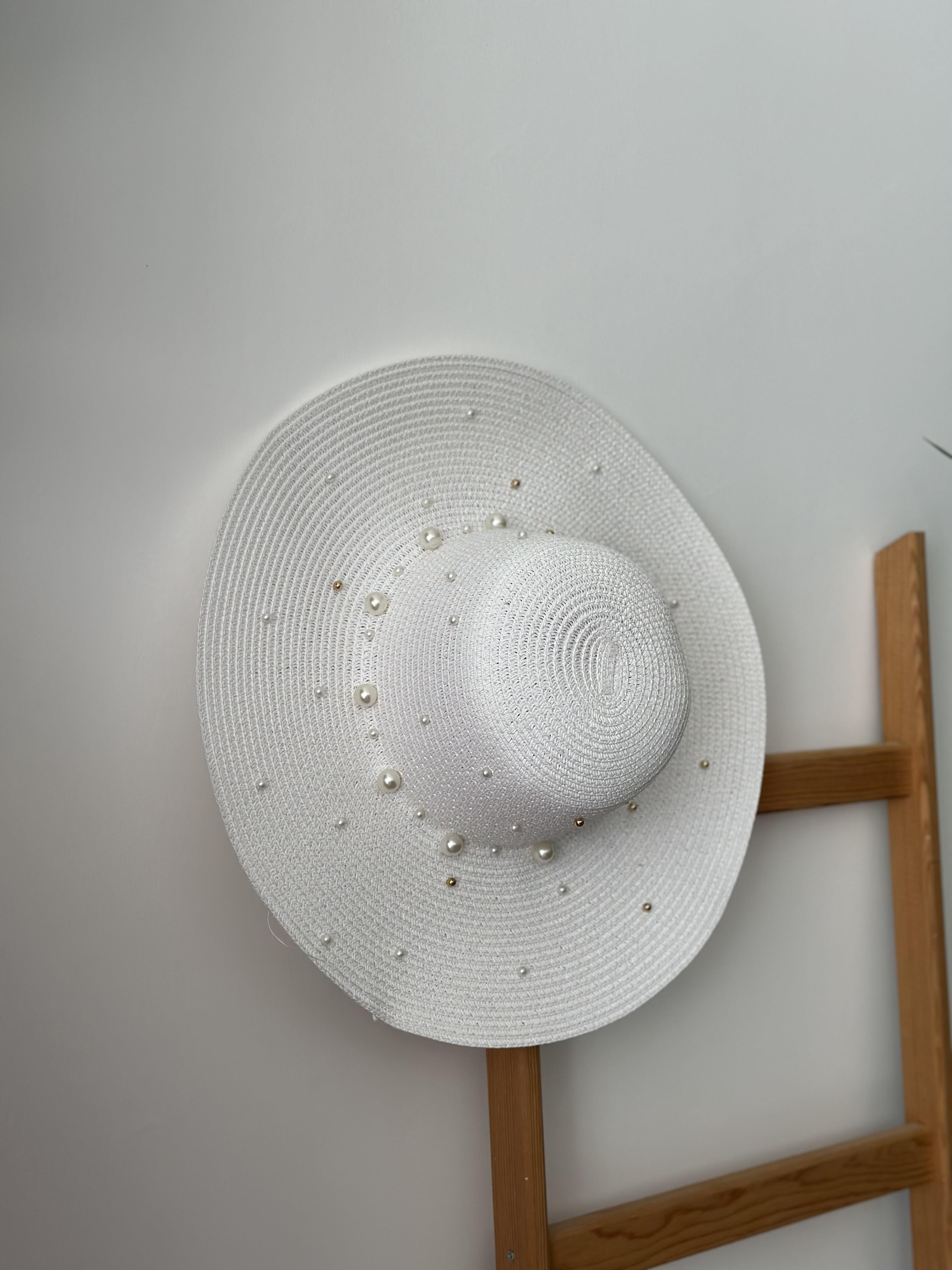 İncili Hasır Beyaz Şapka