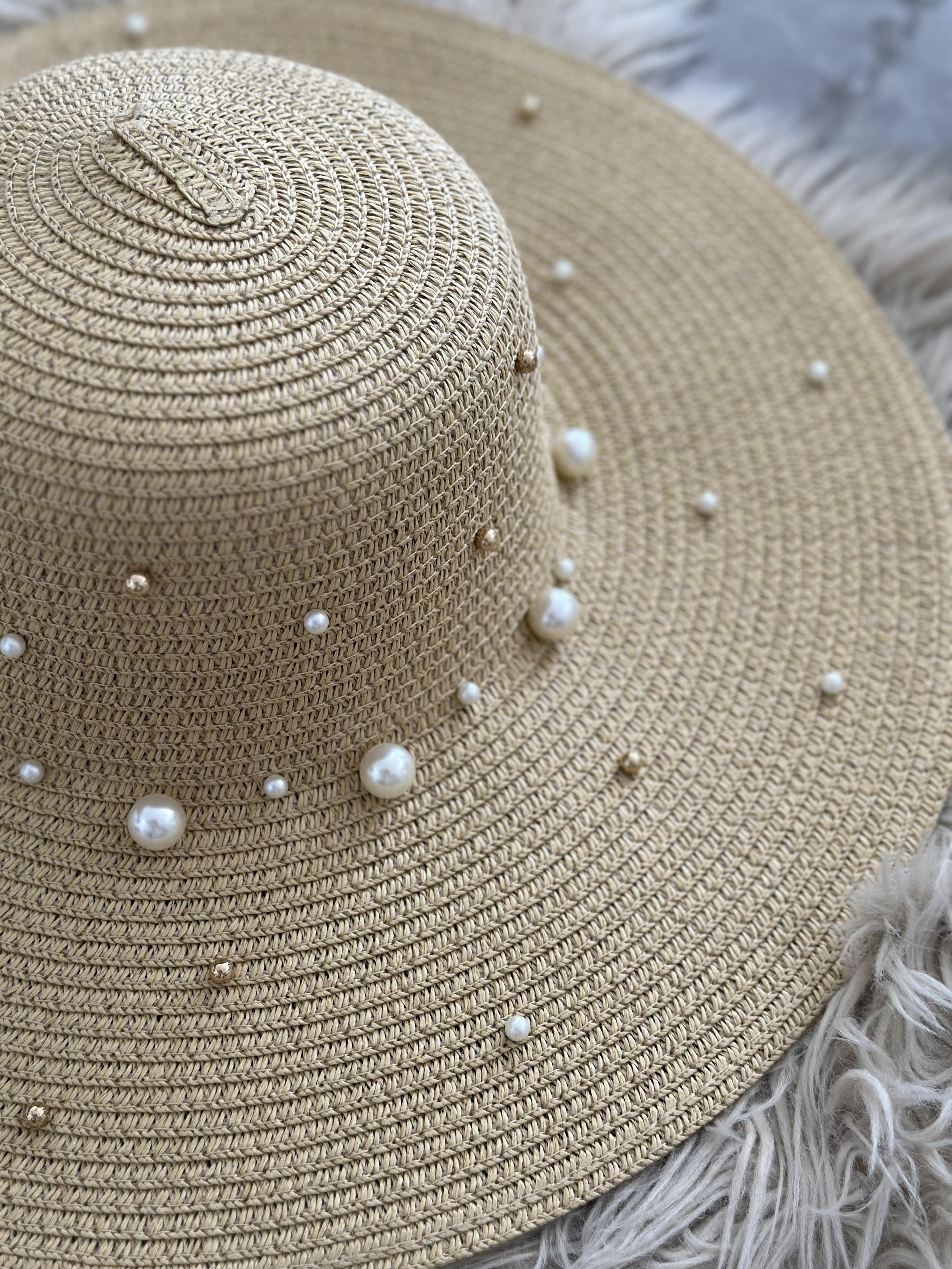 İncili Hasır Krem Şapka