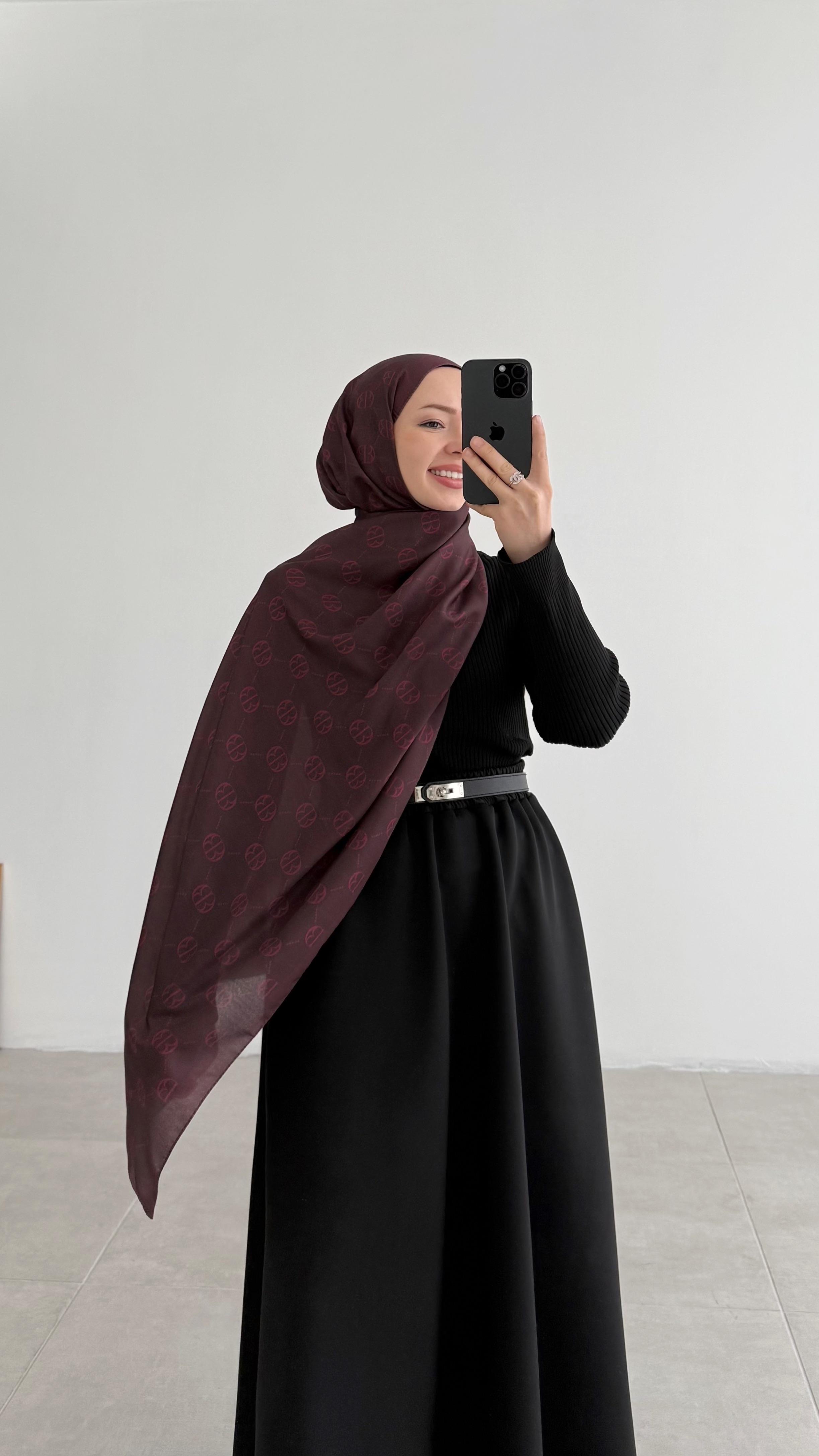 İncira Monogram Floş Bordo Şal 