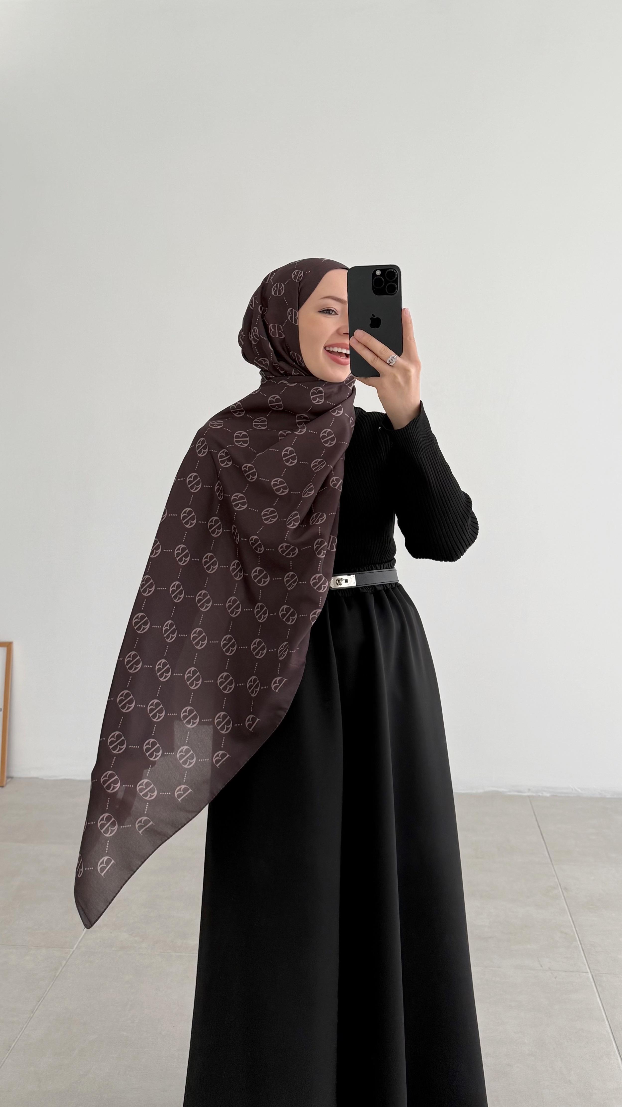 İncira Monogram Floş Kahverengi Şal 