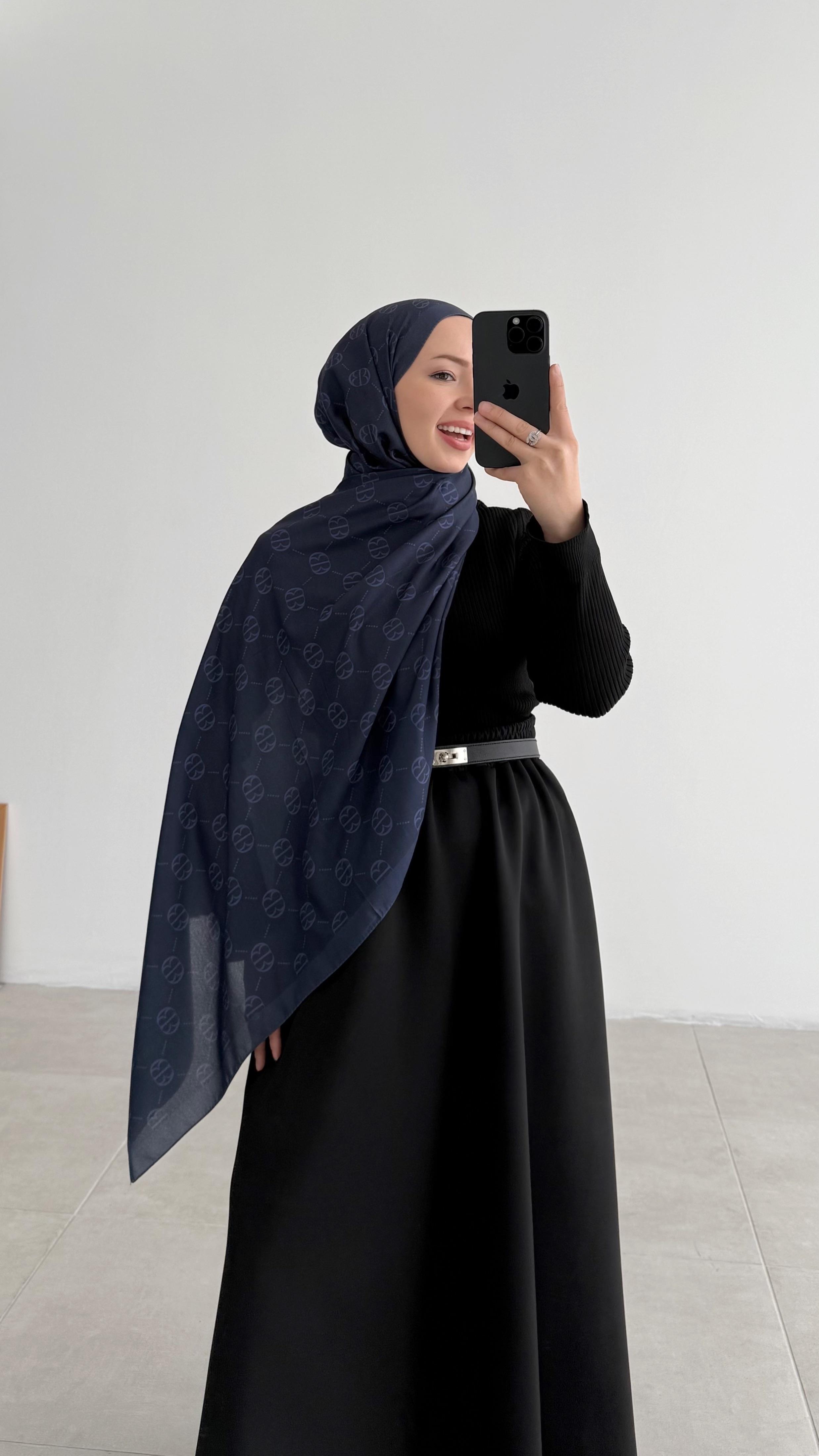 İncira Monogram Floş Lacivert Şal 