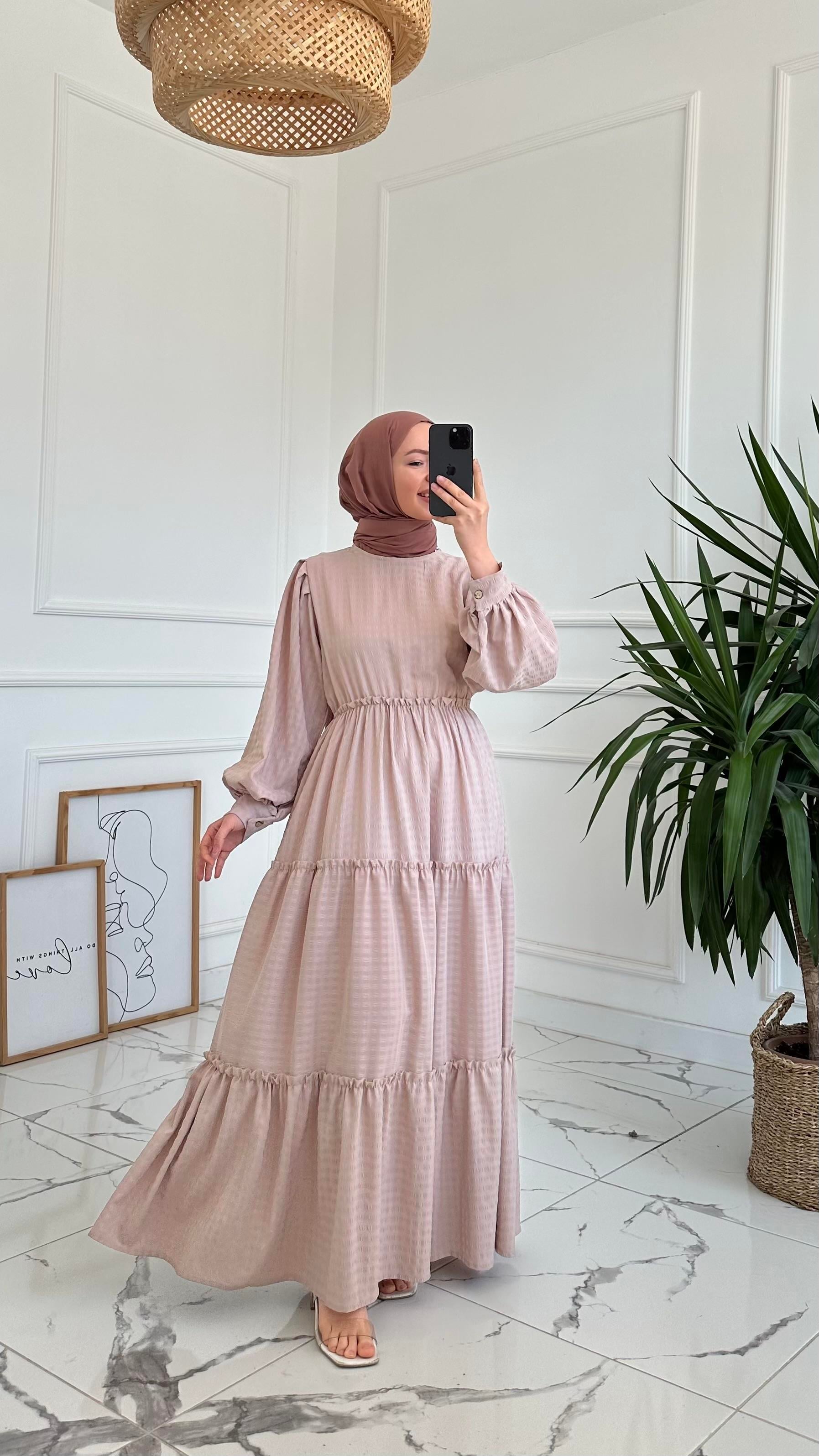 Jana Desenli Krem Elbise