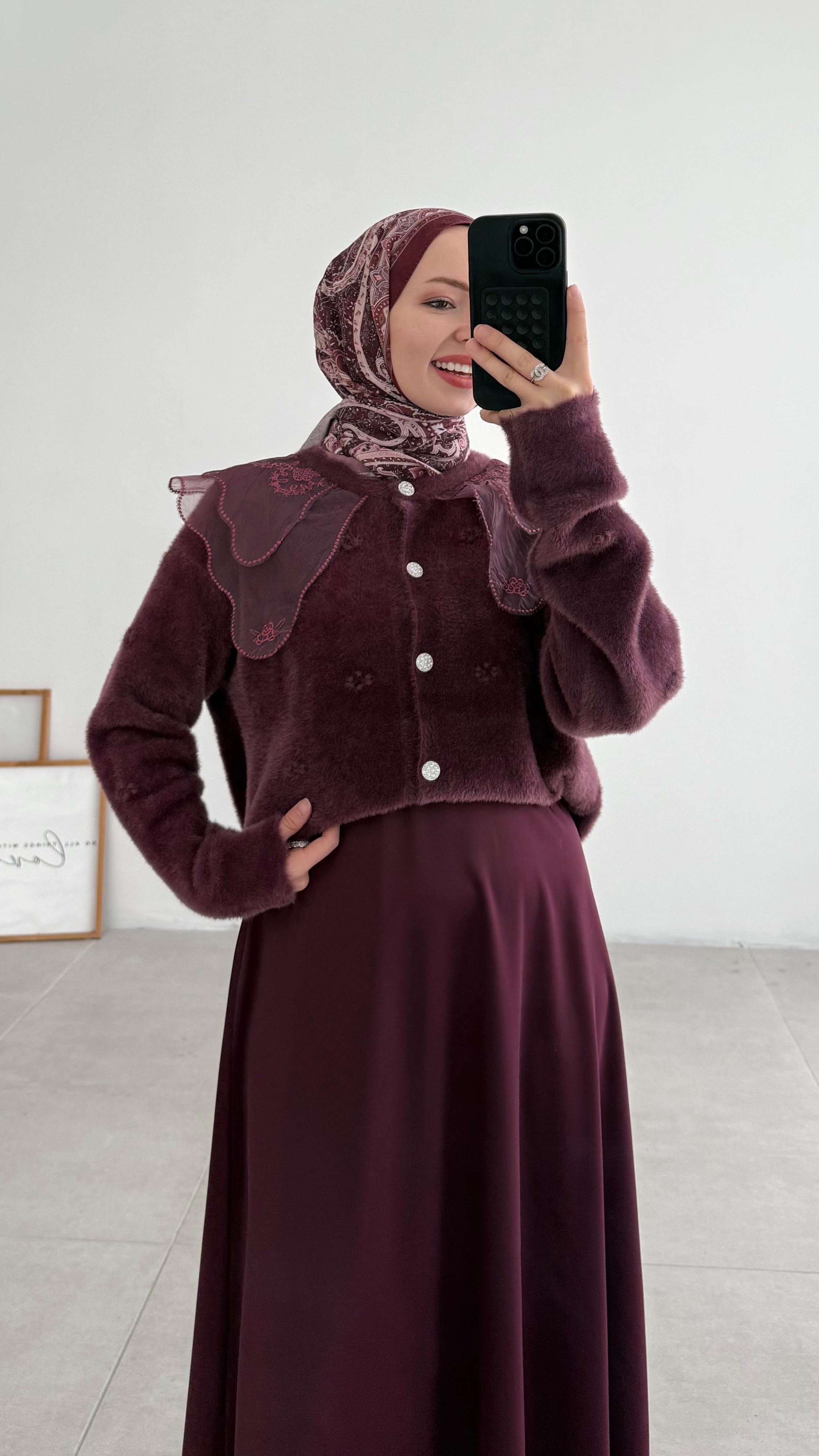 Kaley Bebe Yaka Mürdüm Hırka 