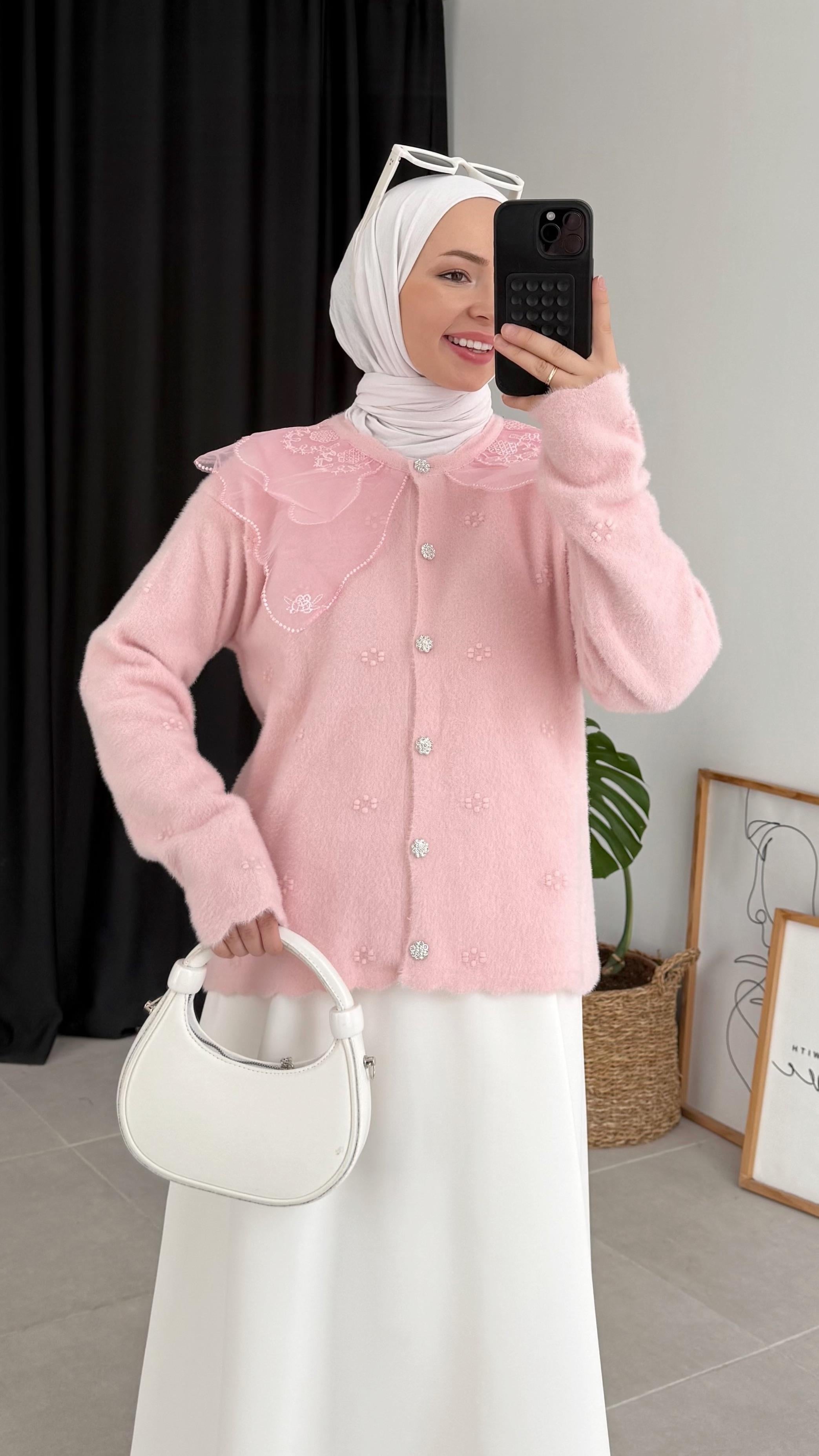 Kaley Bebe Yaka Pembe Hırka 