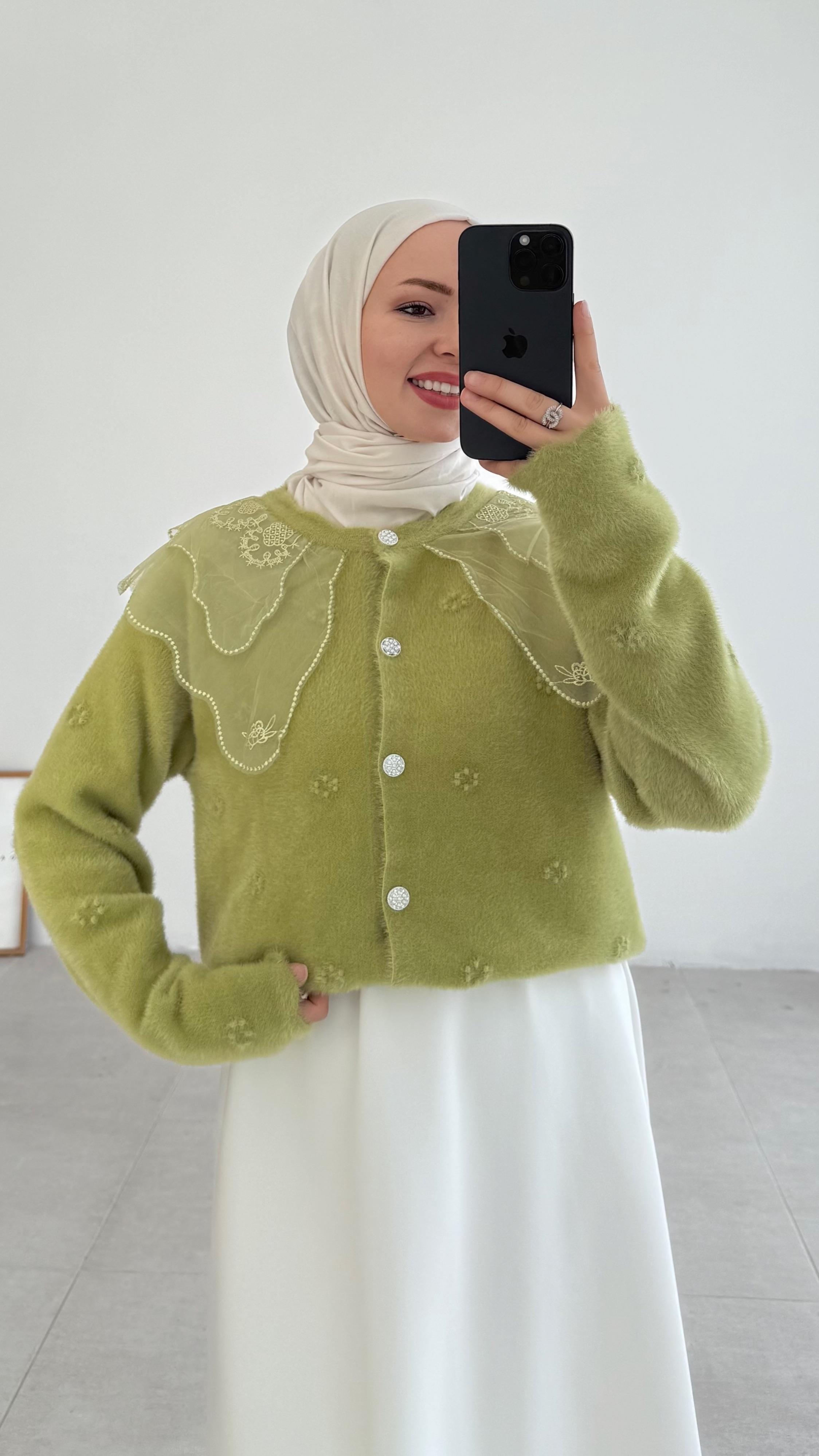 Kaley Bebe Yaka Yeşil Hırka 