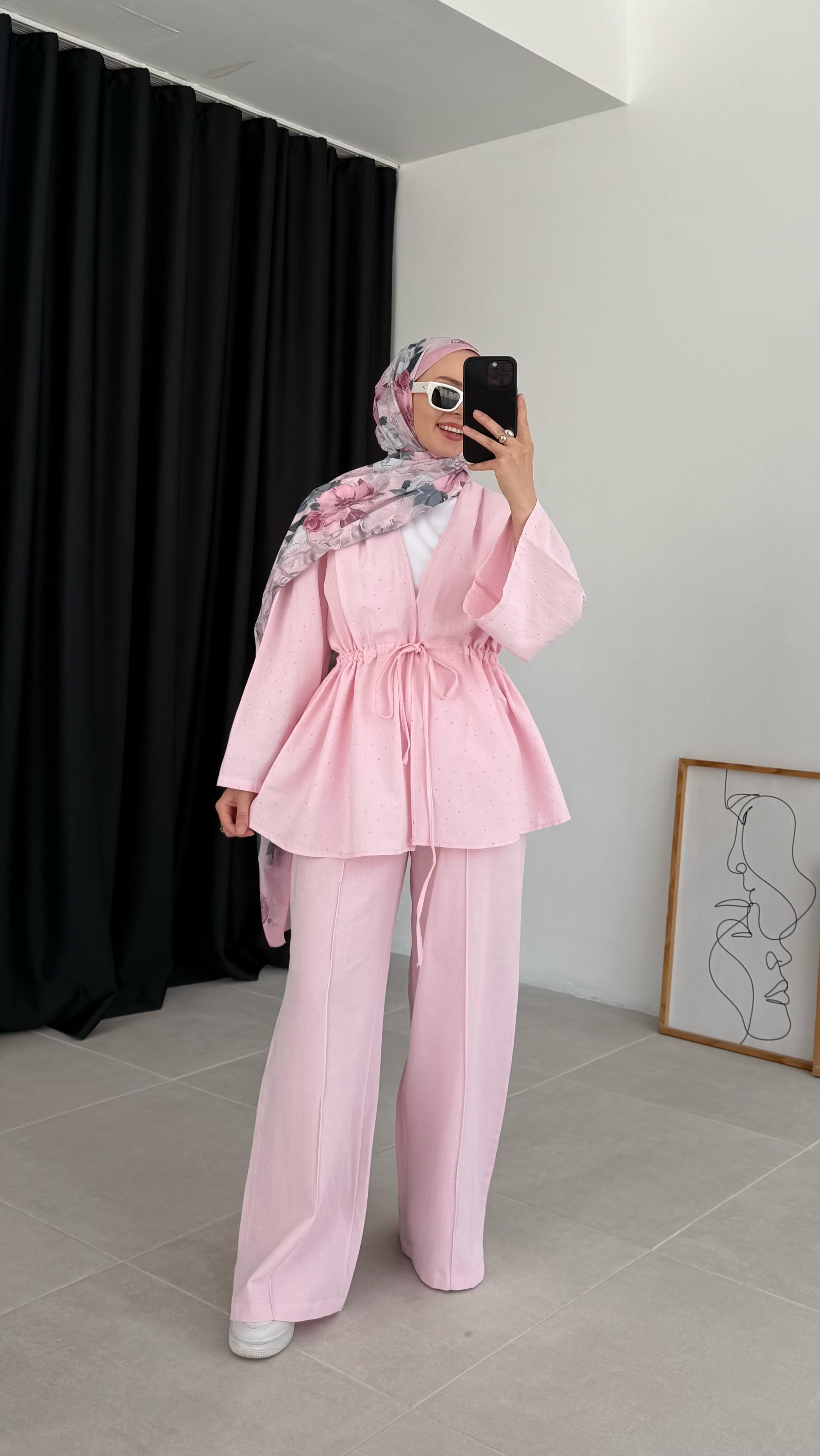 Kalsen Ham Keten Pullu Pembe Takım