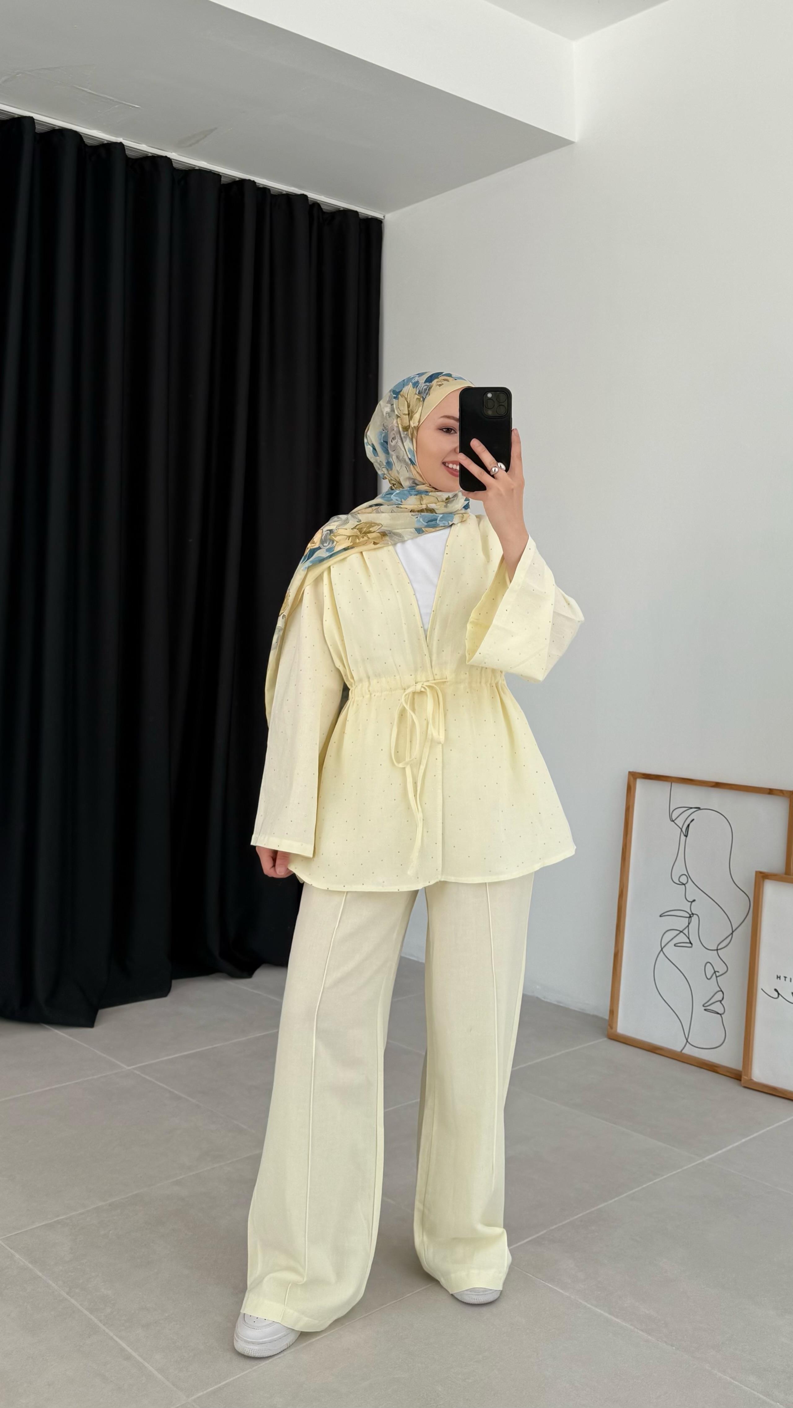 Kalsen Ham Keten Pullu Sarı Takım