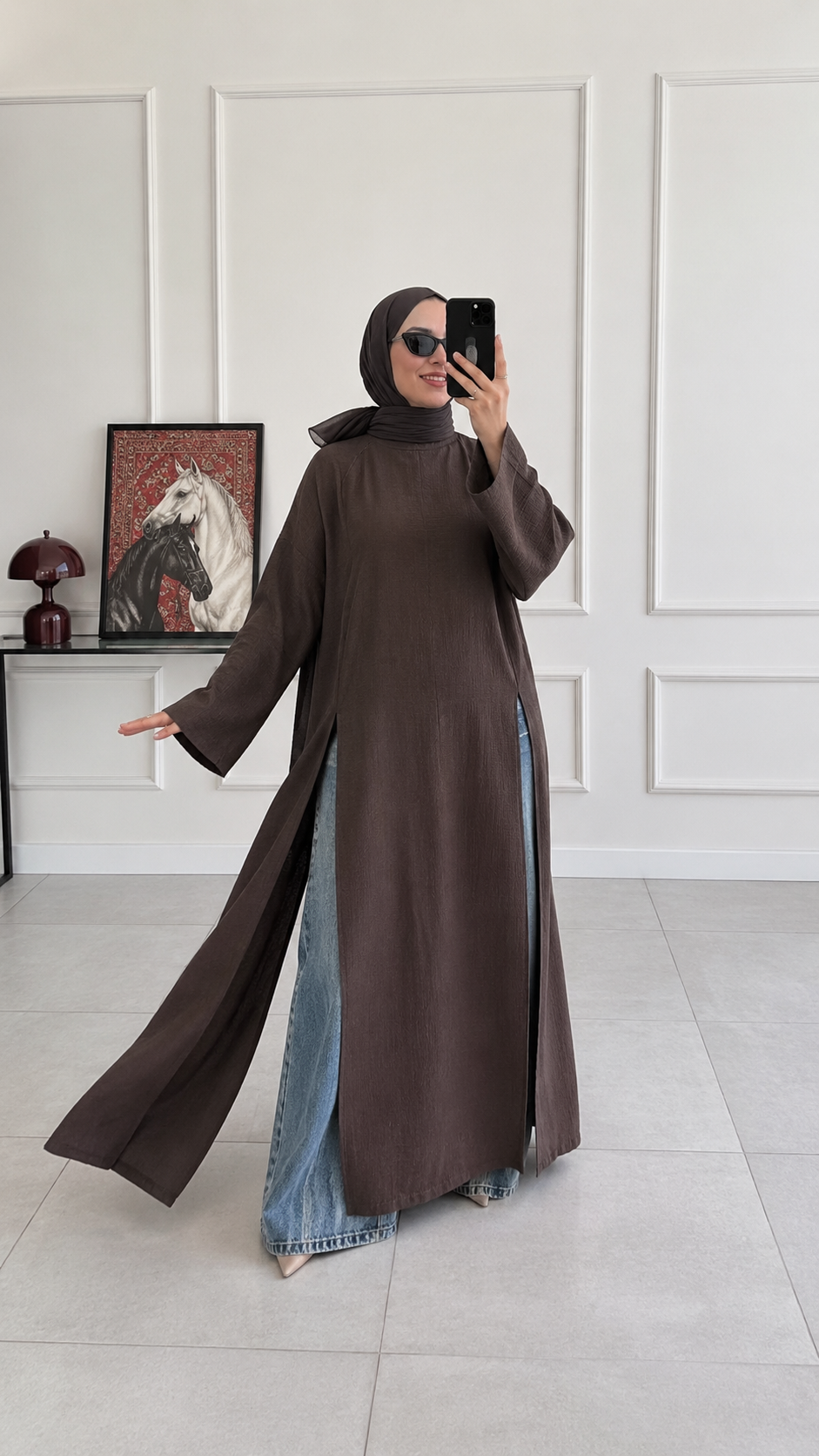 Kamila Oversize Arabic Yırtmaçlı Kahverengi Tunik 