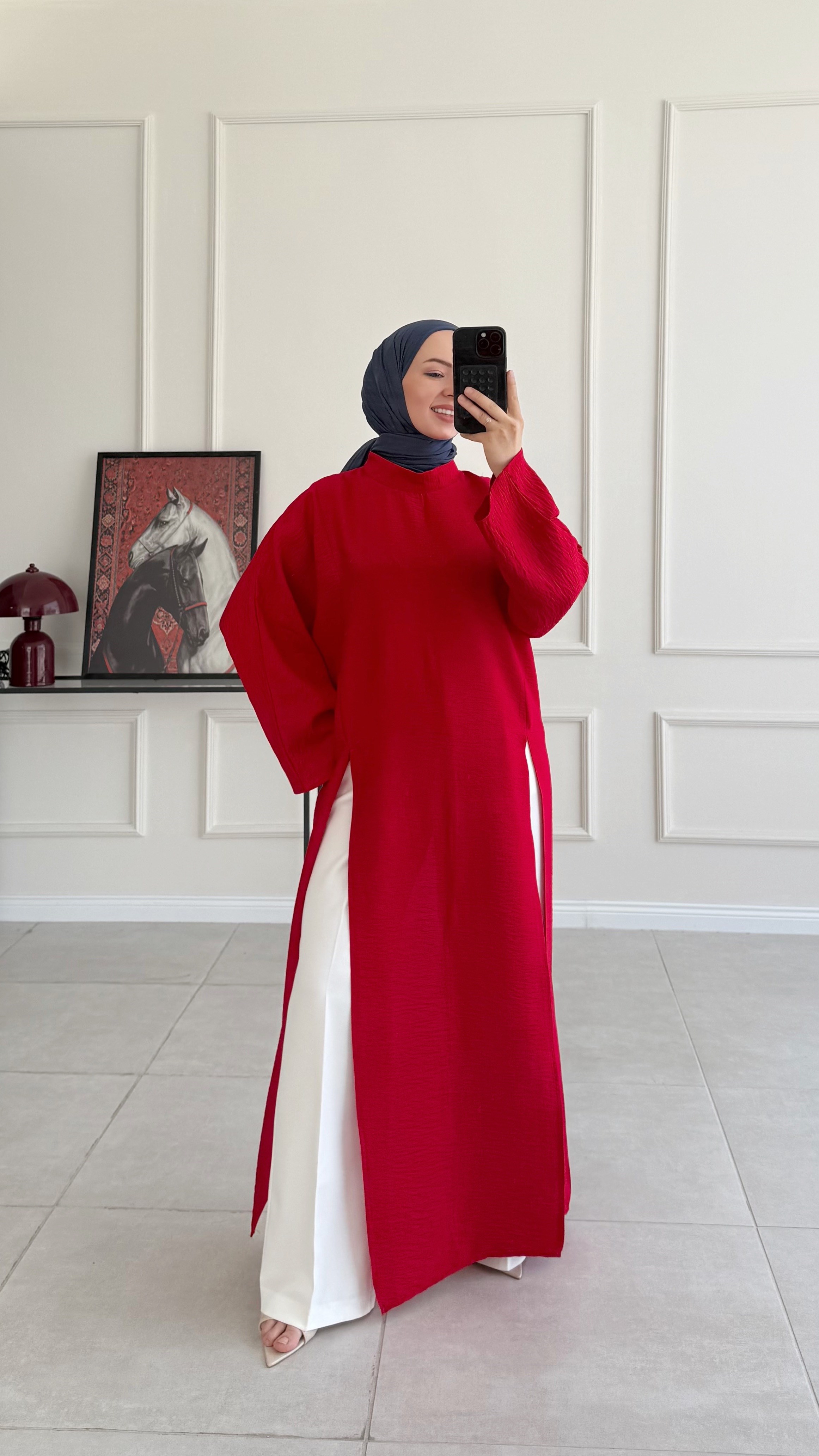 Kamila Oversize Arabic Yırtmaçlı Kırmızı Tunik 
