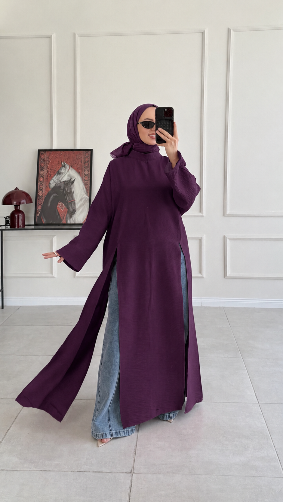 Kamila Oversize Arabic Yırtmaçlı Mürdüm Tunik 