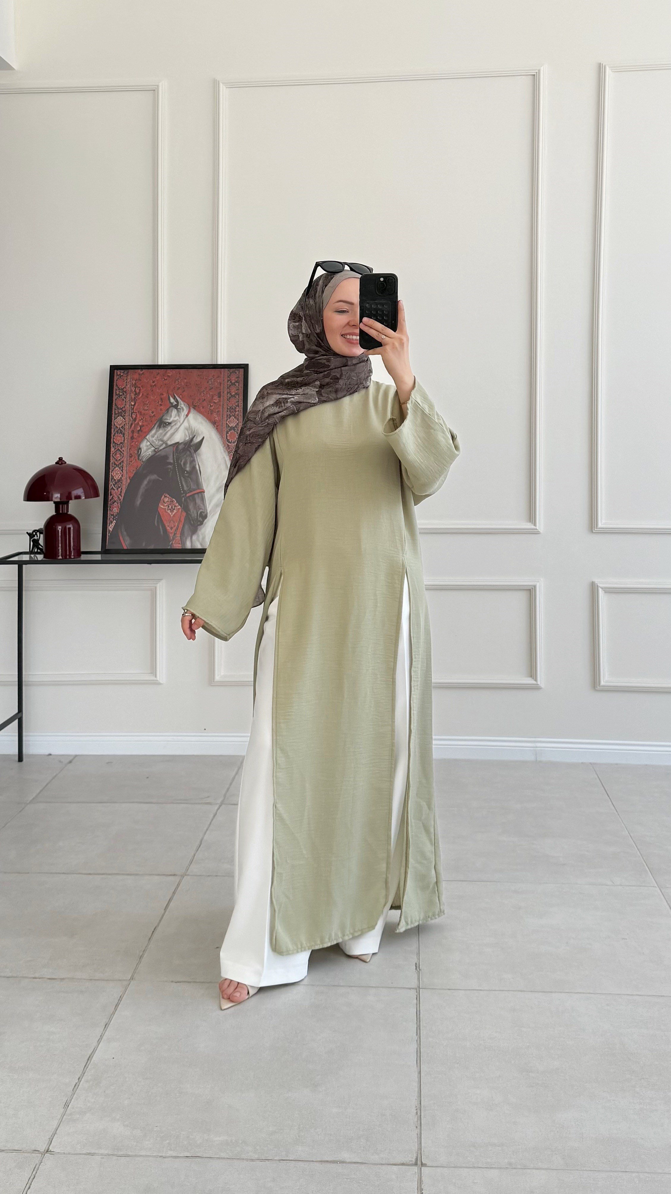 Kamila Oversize Arabic Yırtmaçlı Yeşil Tunik 