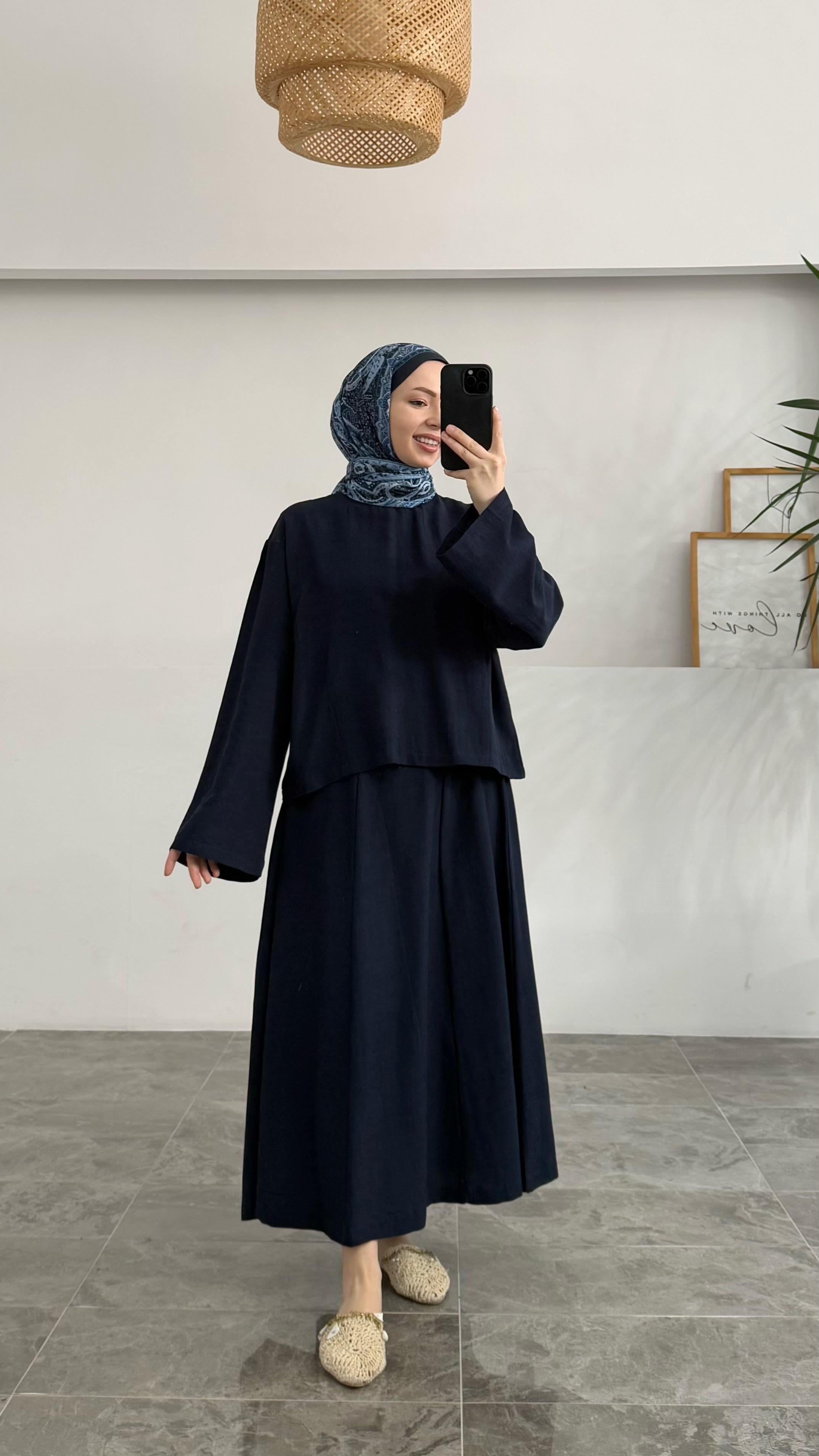 Kanna Premıum Keten Etekli Lacivert Takım