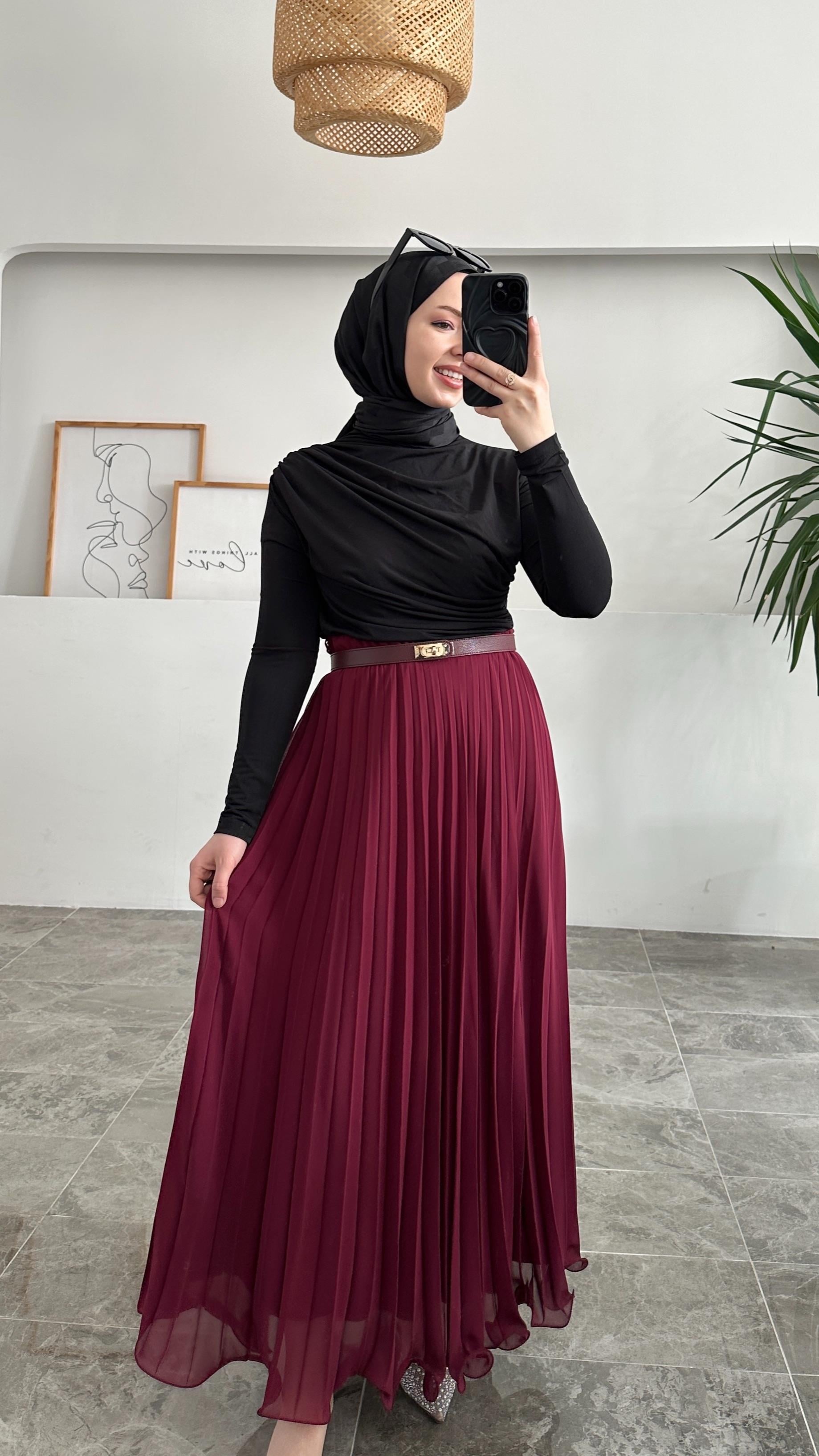 Kaylee Piliseli Şifon Bordo Etek