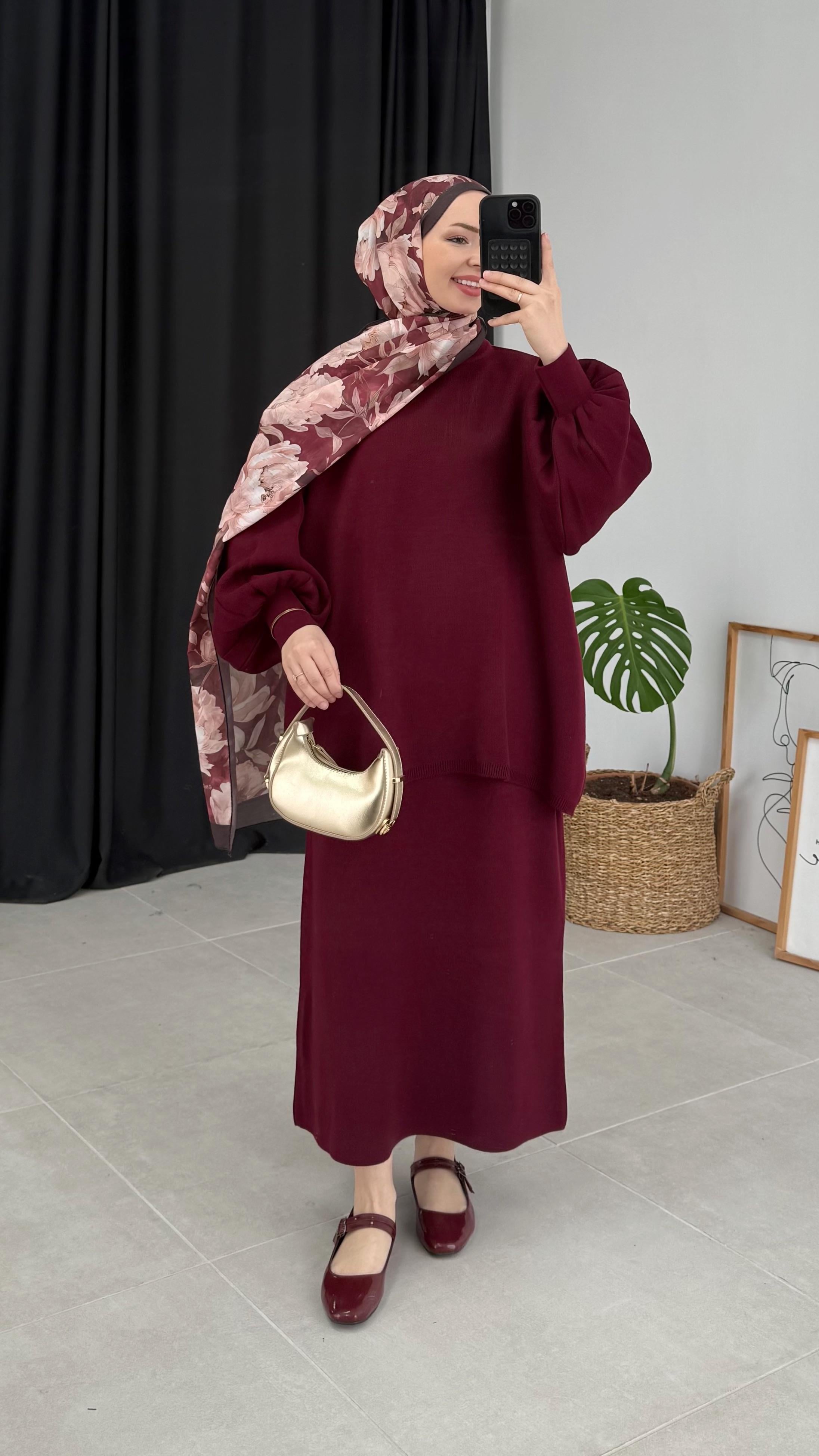 Knit Oversize Bordo Etekli Triko Takım 