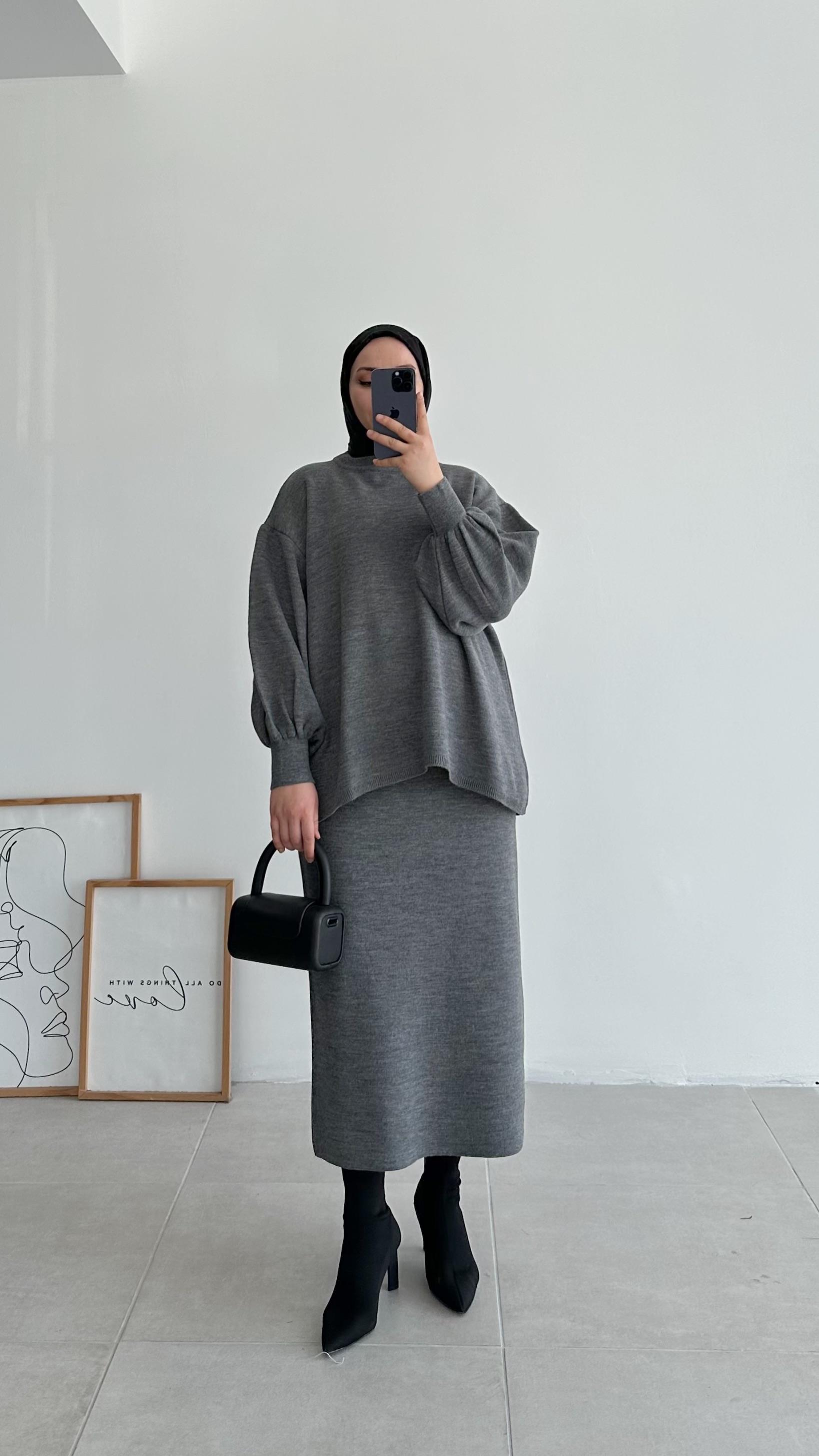 Knit Oversize Gri Etekli Triko Takım 