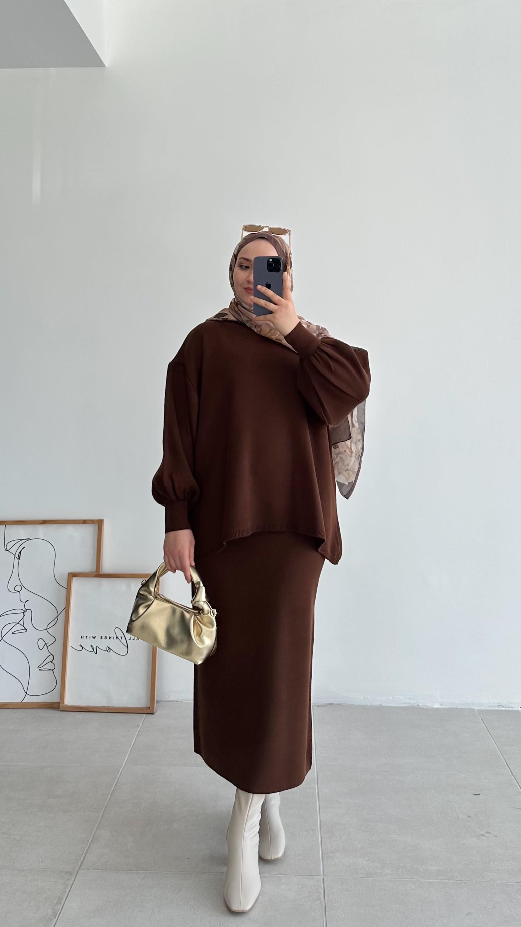 Knit Oversize Kahverengi Etekli Triko Takım 